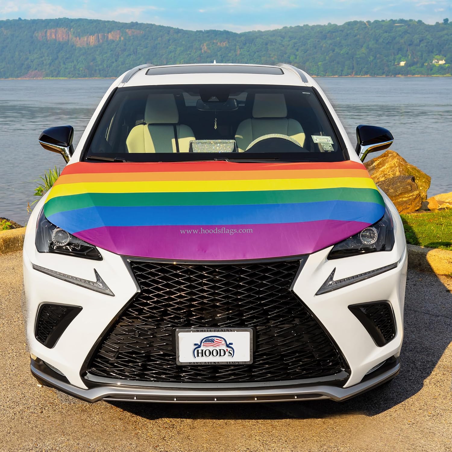 [Hood's Flags] LGBTQ Flag Car Hood Cover 63"x47" (120x160cm) - Rainbow Flag, Universal Fit for Trucks, Car, SUV, or Van. Polyester Spandex Material, Weather-Resistant with Secure Fasteners.