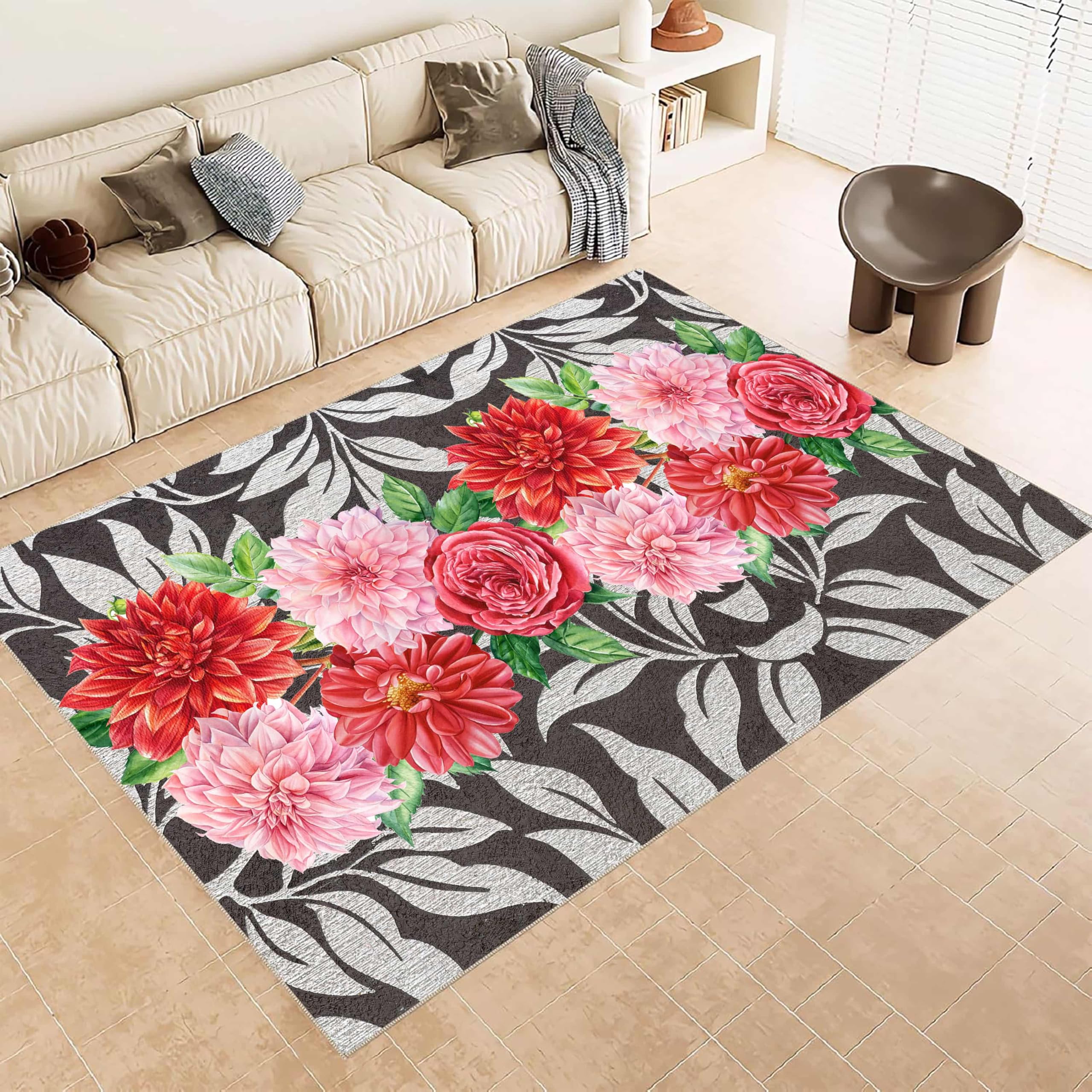 ZCLRUG Floral Red Pink Washable Area Rug, 180 x 260 cm Soft Non Slip Easy Care Dahlia Rose Green Leaves pattern Rug, Retro watercolor style Grayish black Floor mat for Girls Room Bedside Hall Carpet