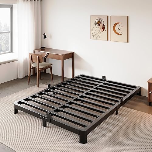 Base de cama baja tamaño matrimonial, marco de cama de perfil bajo de 4 pulgadas, no necesita somier, con topes de colchón, cabecera DIY, soporte de