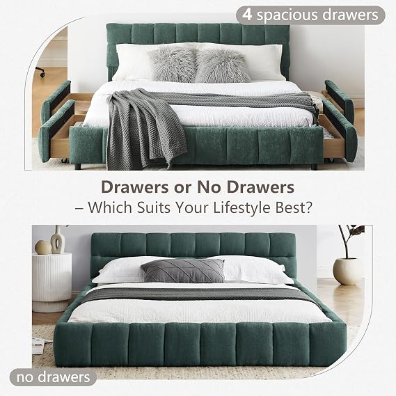 Queen Grounded Bed Frame with Headboard, Cute Puff Grid Pattern Chenille Upholstered Platform Floor Bed with Sturdy Slats, No Box Spring Needed, Easy Assembly, Moss Green