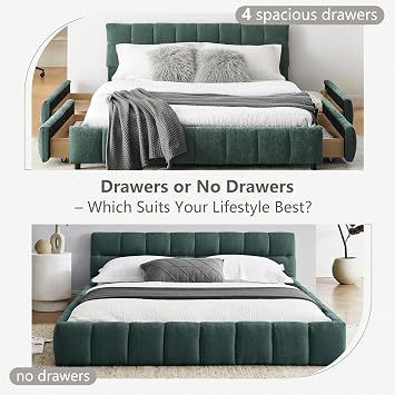 Queen Grounded Bed Frame with Headboard, Cute Puff Grid Pattern Chenille Upholstered Platform Floor Bed with Sturdy Slats, No Box Spring Needed, Easy Assembly, Moss Green