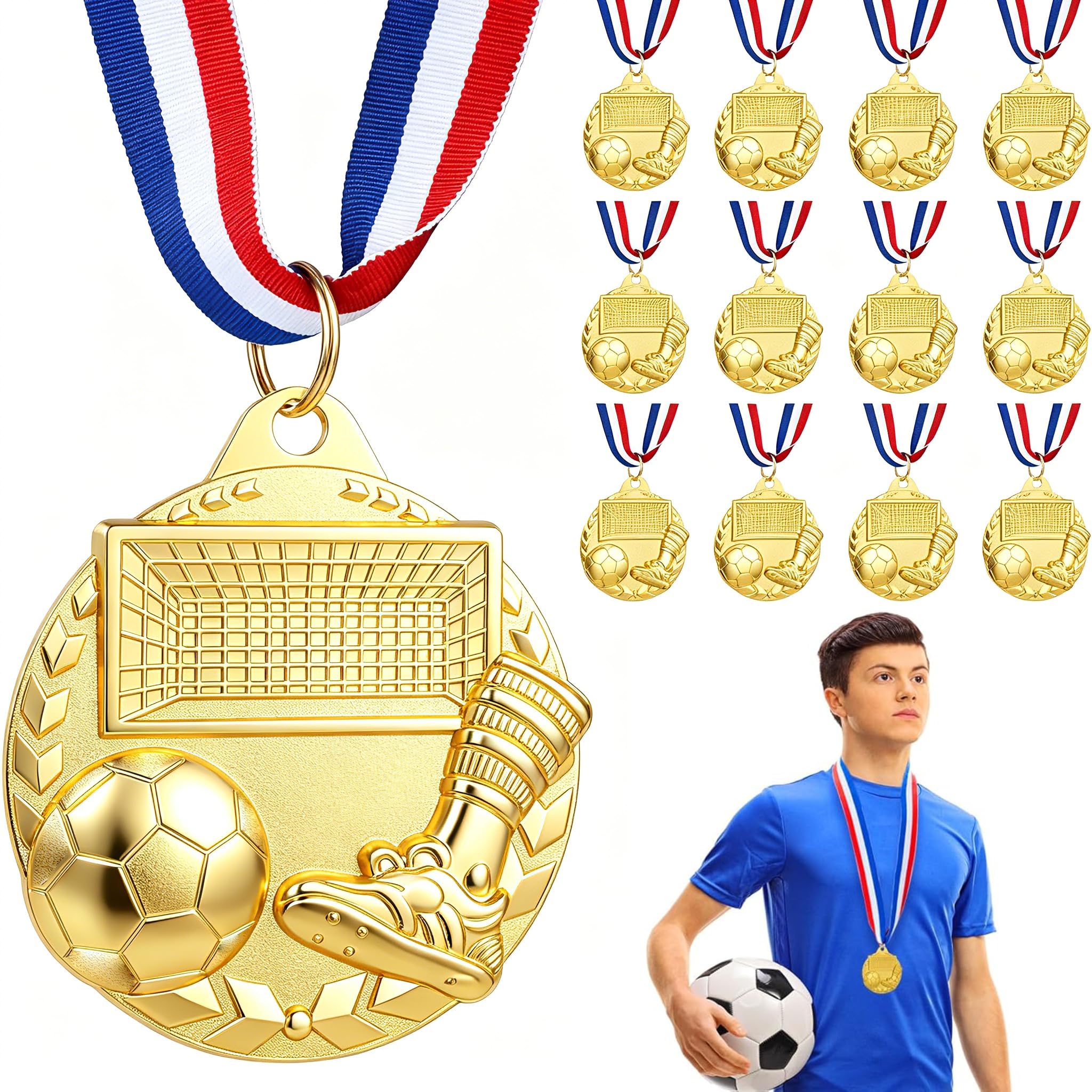Hianjoo Medallas de Metal, Paquete de 12 Medallas de Fútbol para Adolescentes y Adultos Ganador de Premio de Metal Dorado con Cinta para el Cuello para Competiciones Celebraciones de Fiesta de Fútbol