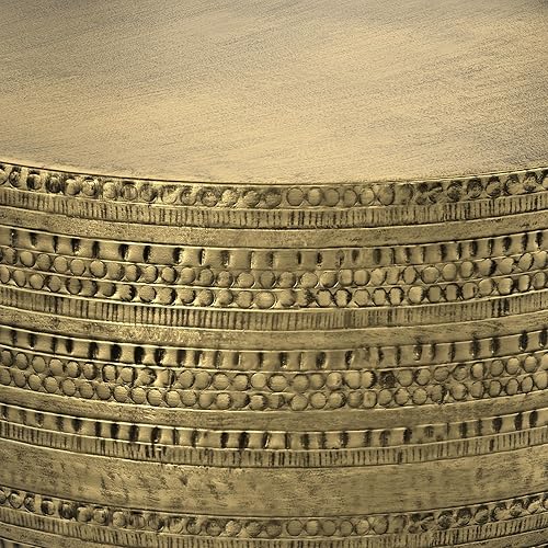 Miniatura 71 de SIMPLIHOME Johnsen - Mesa de metal, 15 pulgadas de ancho, con tambor de hierro macizo, color plata antigua con patrón tribal, mesa auxiliar redonda