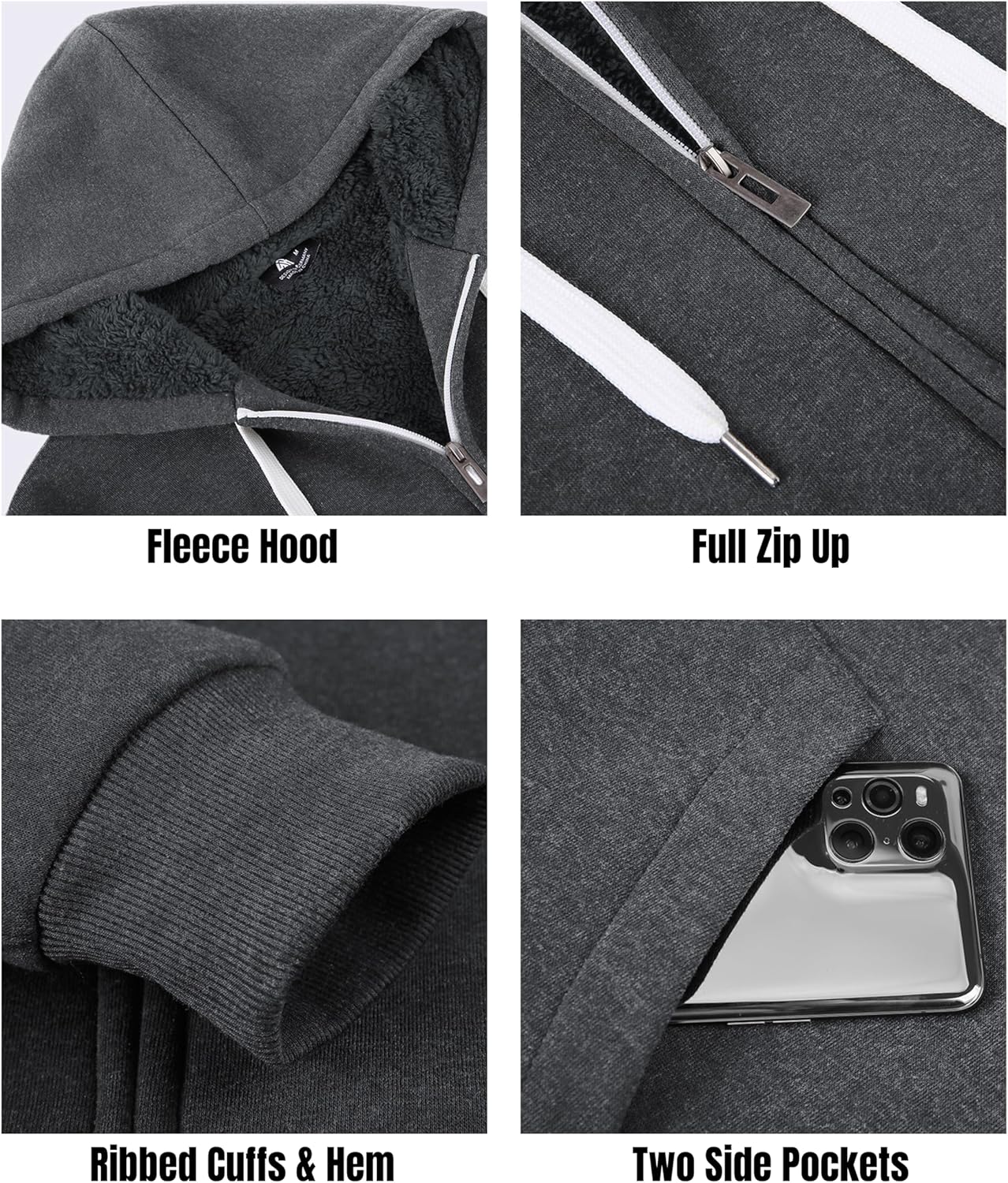 Little Beauty Fleece Hoodies for Men Winter Thick Jackets Sherpa Lined Zip Up Sweatshirt With Kanga Pocket - Image 4