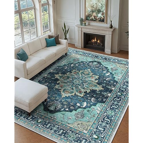 Area Rugs 9'x12' Washable Non-Slip, Floral Vintage Distress Print Pattern Medallion Carpet for Living Room Bedroom Dining Room, Teal Green Lake Blue Turquoise