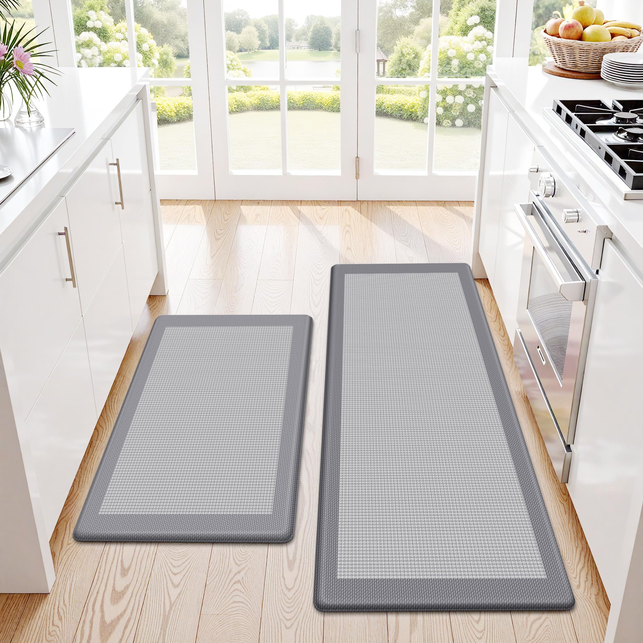 Kitchen Mats, 2PCS Kitchen Rugs for Floor, Cushioned Anti-Fatigue Mats for Kitchen Floor, Non-Slip Standing Desk Mat for Sink, Home, Laundry & Office, 17.3"x30"+17.3"x47" (Grey)