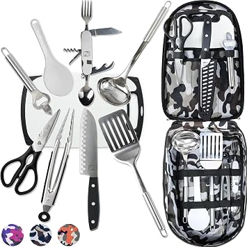 Wellmax 10-Piece Stainless Steel Camping Cooking Set Compact All-in-One Cookware Kit with Utensils & Travel Bag for Campers, Hikers, Outdoor Adventures, Grey Camo Color
