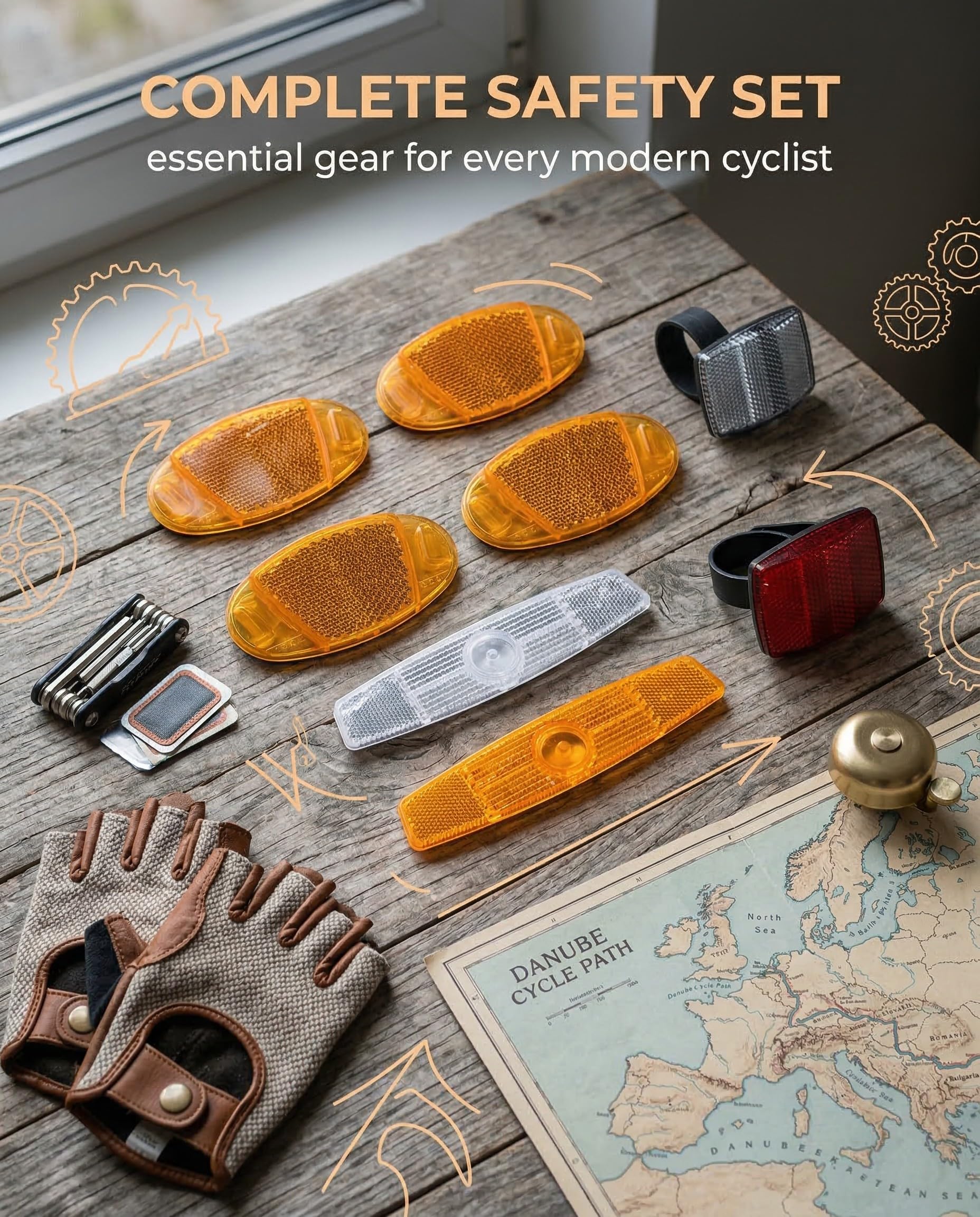 Set di 8 Riflettori per Bicicletta, Riflettori per Raggi in Arancione e Bianco + Riflettori Rettangolari in Rosso e Bianco, 4 Riflettori Universali Arancioni, per Maggiore Sicurezza su Strada