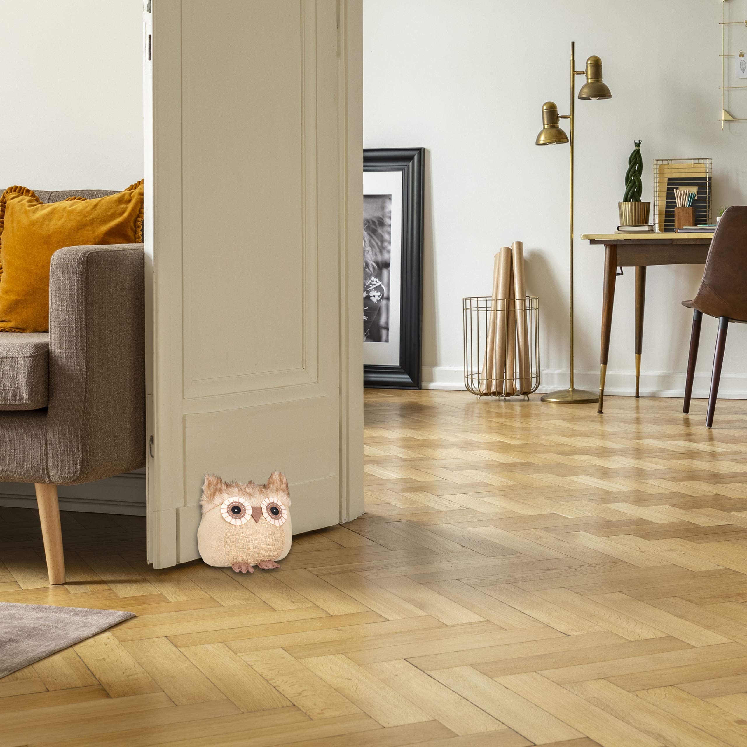 5x Gufo Fermaporta, Blocca Porte Decorativo, da Pavimento, Imbottito di Sabbia, da Interno, in Tessuto, Marrone
