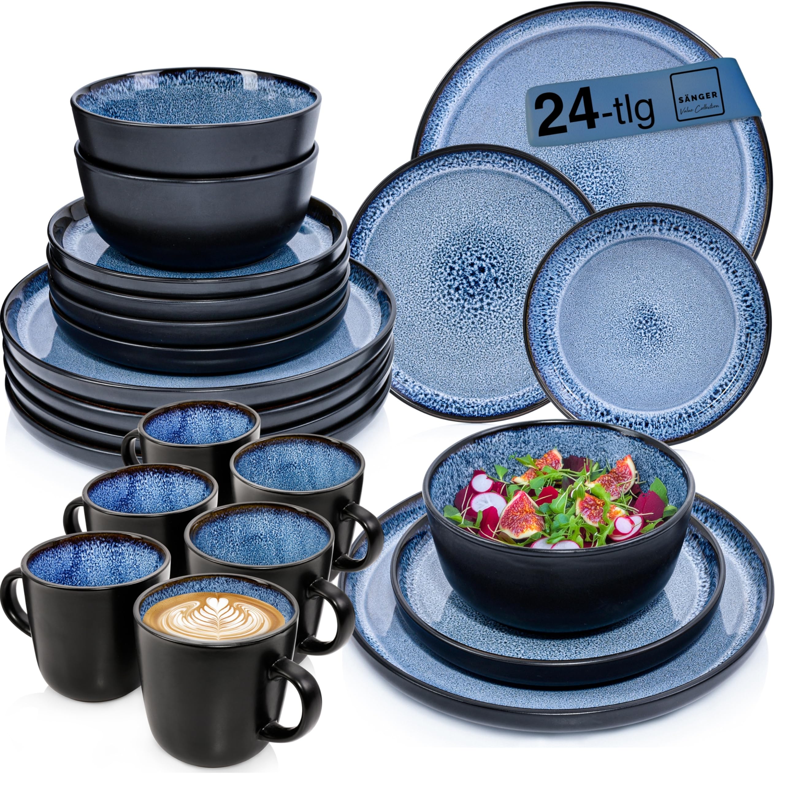 SÄNGER Aruba | Kombiservice 6 Personen, Teller Set & Kaffeebecher 24 tlg - spülmaschinenfest mikrowellenfest Steingut Geschirrset mit Kaffeetassen 430 ml blau mit schwarzem Rand | VALUE COLLECTION