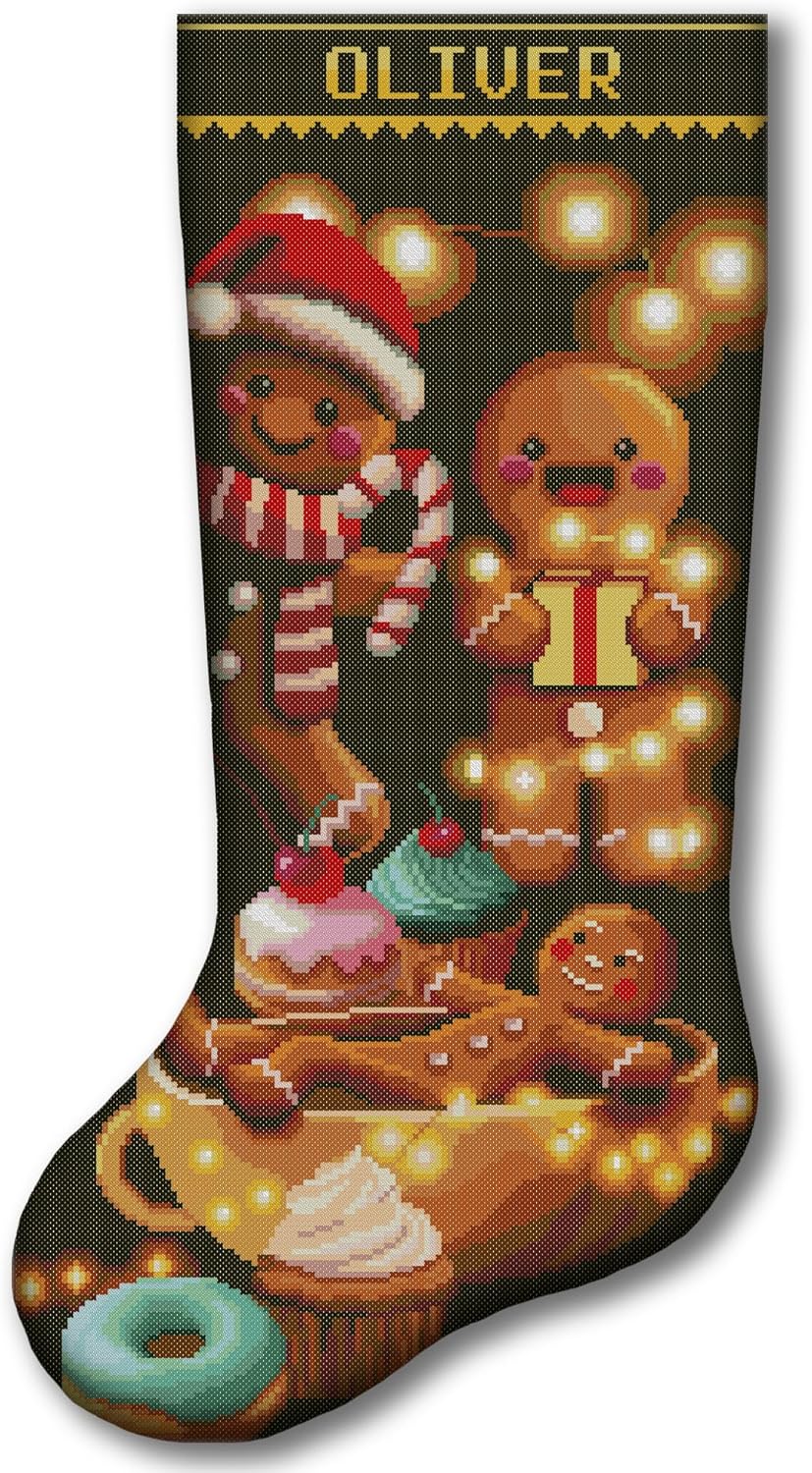 Christmas Stocking Cross Stitch Kit – 2-in-1 Stamped or Counted Cross Stitch, Cute Gingerbread Cookies & Holiday Lights Design, Personalized DIY Holiday Stocking Embroidery Kit for Adults Beginners