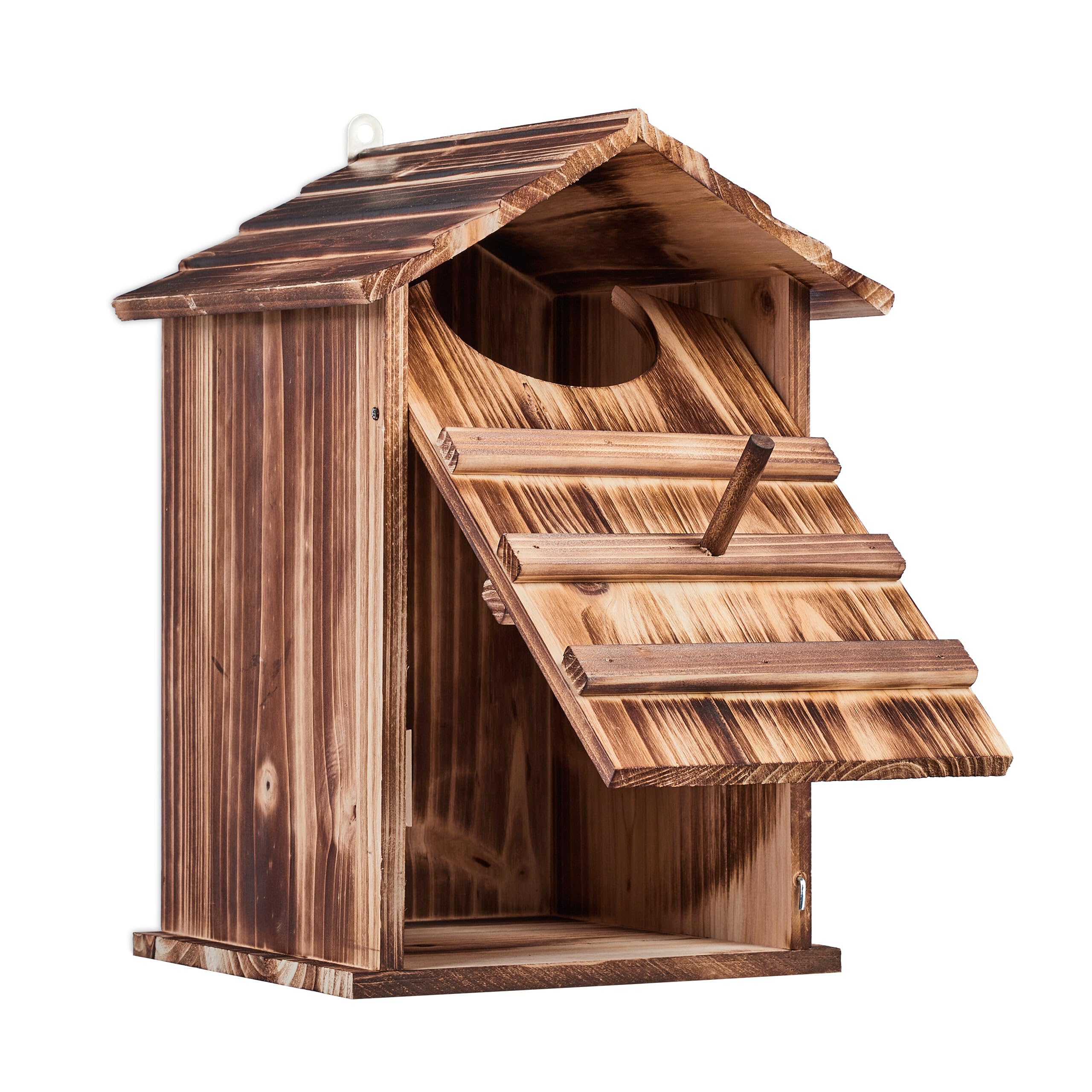 Relaxdays Casetta per Uccelli, Nido in Legno Fiammato, Casa Appesa per Uccellini Giardino, 38,5 x 25 x 28 cm, Naturale