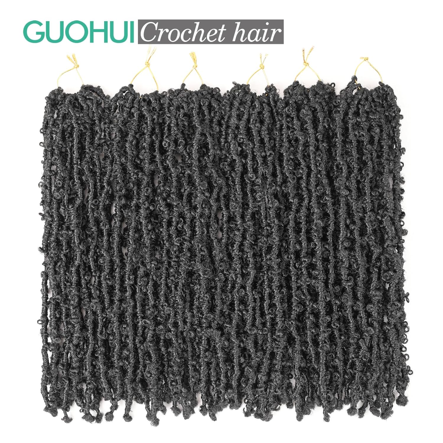 GUOHUI Butterfly Locs Crochet Hair 16 Inch 6 Packs Color Jet Black All Handmade Pre-Looped Distressed Faux Locs Braids for Women Kids (16",1#)