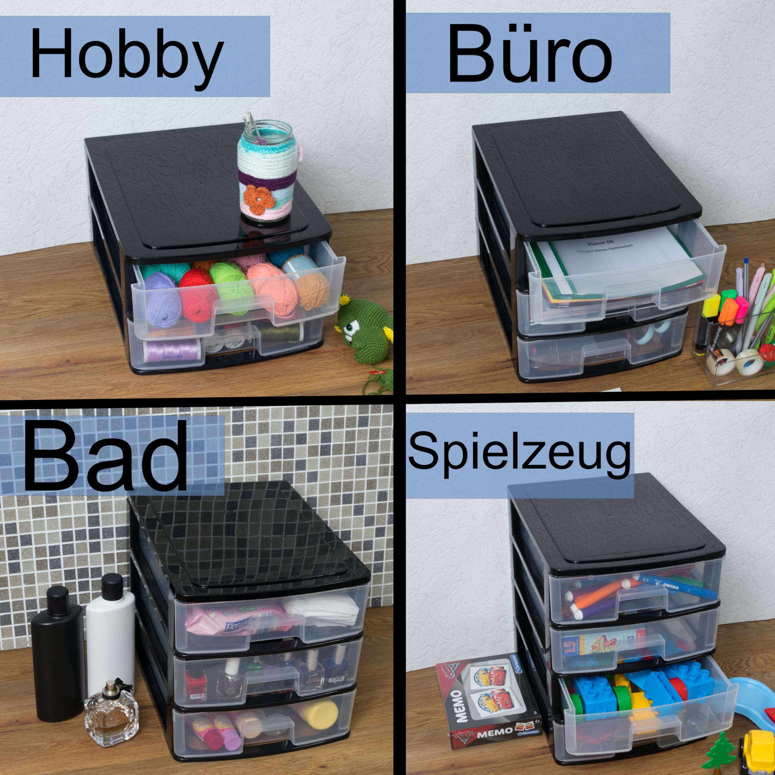 Schubladenbox DIN A4 mit 4 Schubladen 35,5x26,5x35 cm - schwarz-transparent Kunststoff Drawer Tower Box Organizer für Schreibtisch Easy-Pull-System