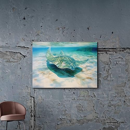 Miniatura 3 de Nautical Print on Canvas for Wall Decor, Ocean Fish Manta Ray Canvas Wall Art, Beach Print for Wall Hang, Turquoise Coastal Pictures Wall Decor,