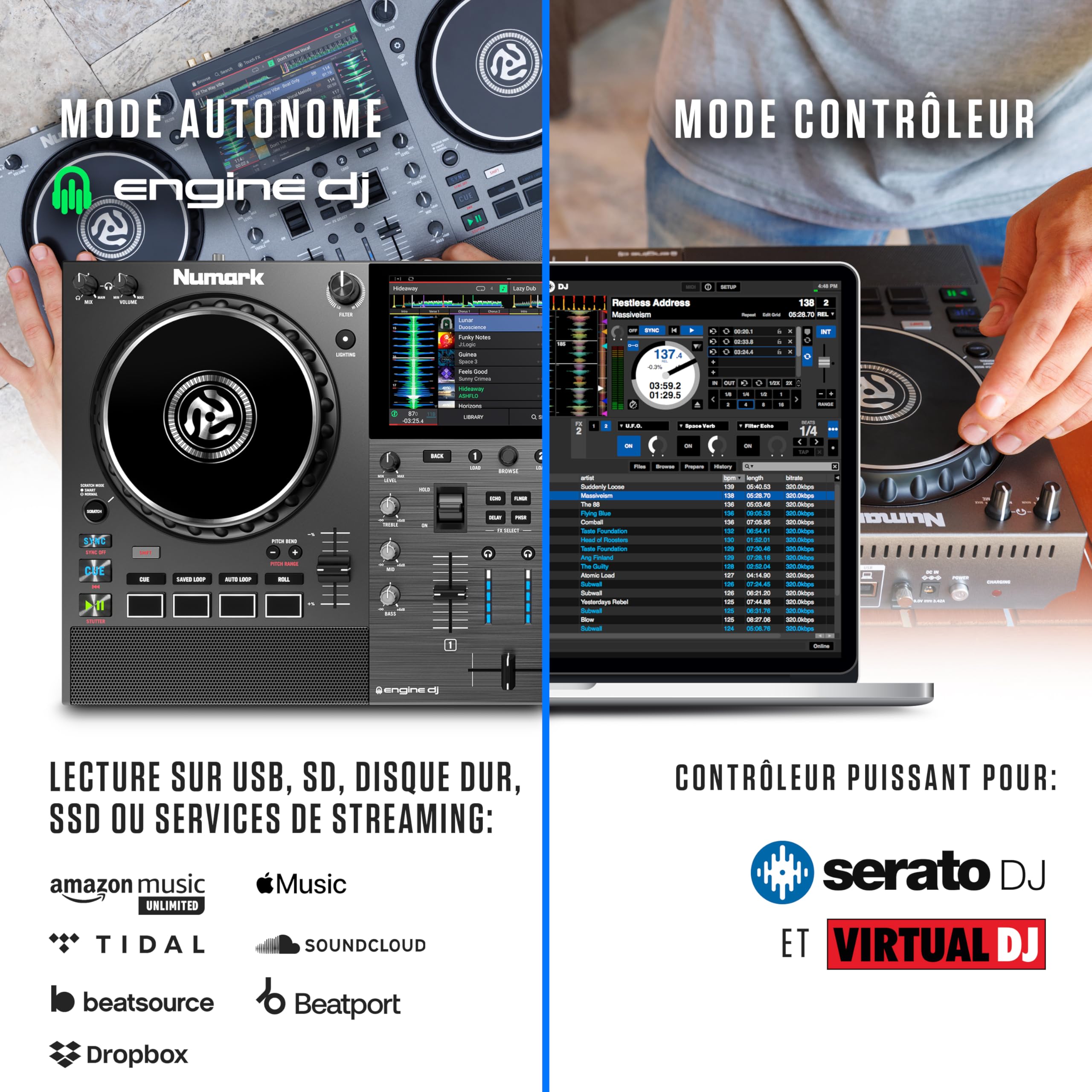 Numark Mixstream Pro Go contrôleur DJ portable à batterie, mixeur avec séparation Stems, haut-parleurs, Wi-Fi, écran tactile, compatible Serato DJ