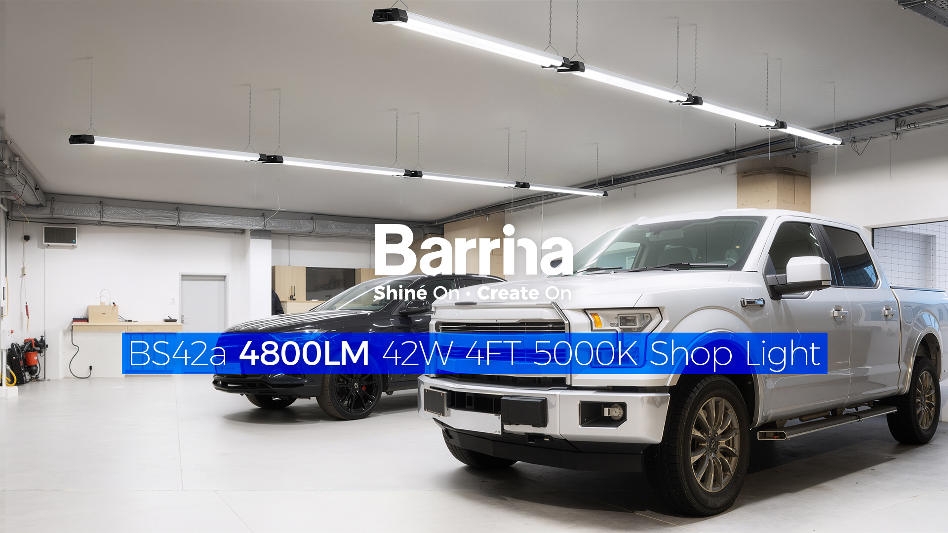 Image of Barrina BS42a 4FT LED Shop Light for Garage, 42W, 5000K, 4800LM, Linkable Plug in Light Fixture, Workshop, Hanging or Flush Mount, Concealed Wiring Design, Pull Chain Switch, Heat Dissipation, 2 Packs