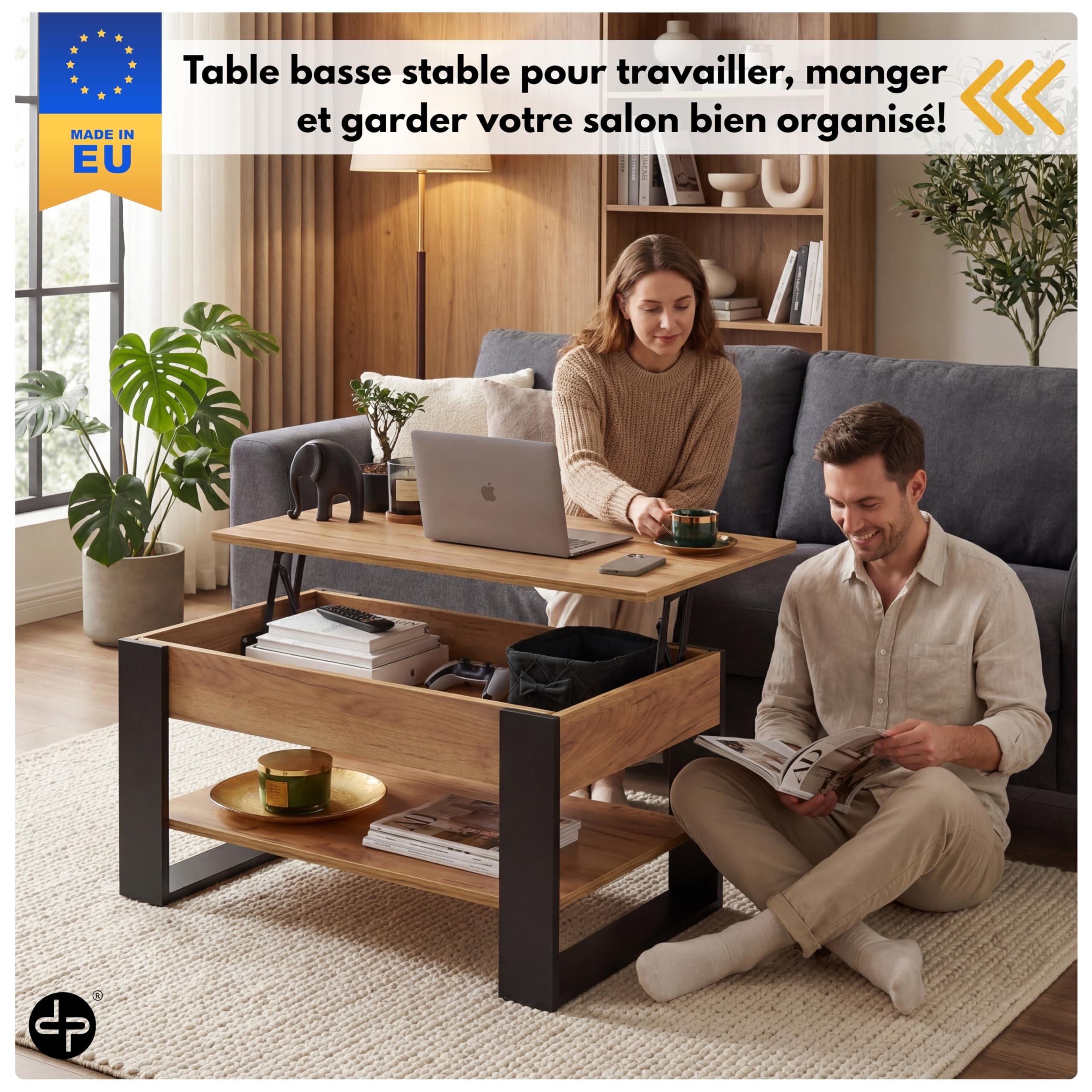defiPad Table Basse Relevable avec Rangement – Table de Salon Moderne Industriel – Coffee Table avec Étagère et Compartiment Caché – Fabriquée en Europe – Plateau Réglable 45-61 cm (Noir + Chêne)