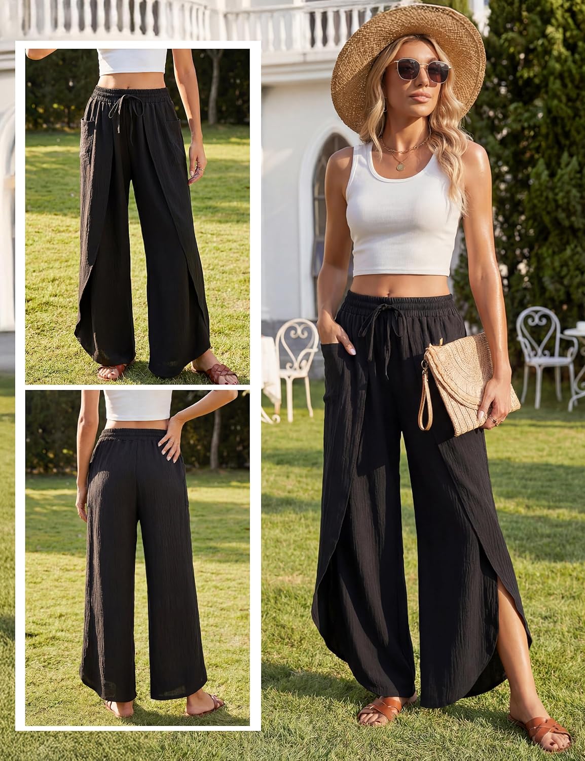 BMJL Womens Palazzo Linen Pants High Waisted Side Split Boho Beach Pant Summer Flowy Wide Leg Trousers - Image 2