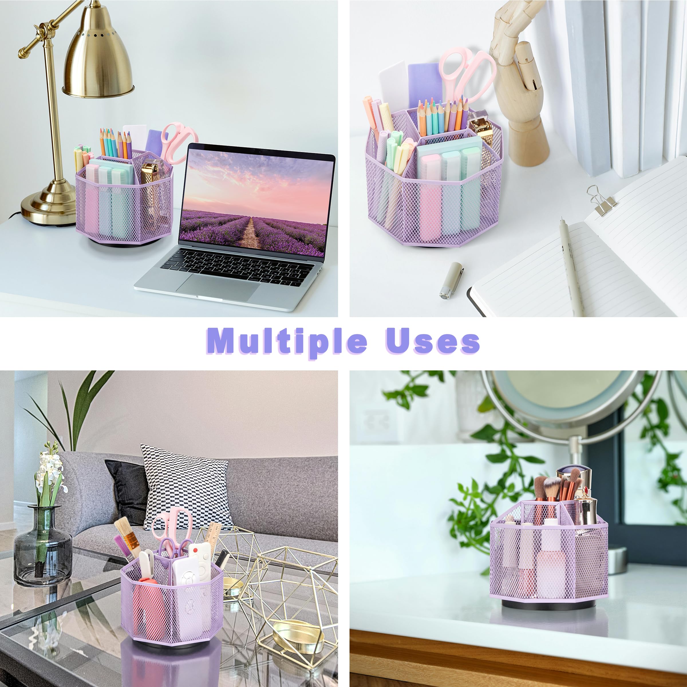 EXERZ Desk Organiser/Mesh Desk Tidy Caddy/Pencil Holder/Multifunctional 360 Rotating - Light Purple - Image 4