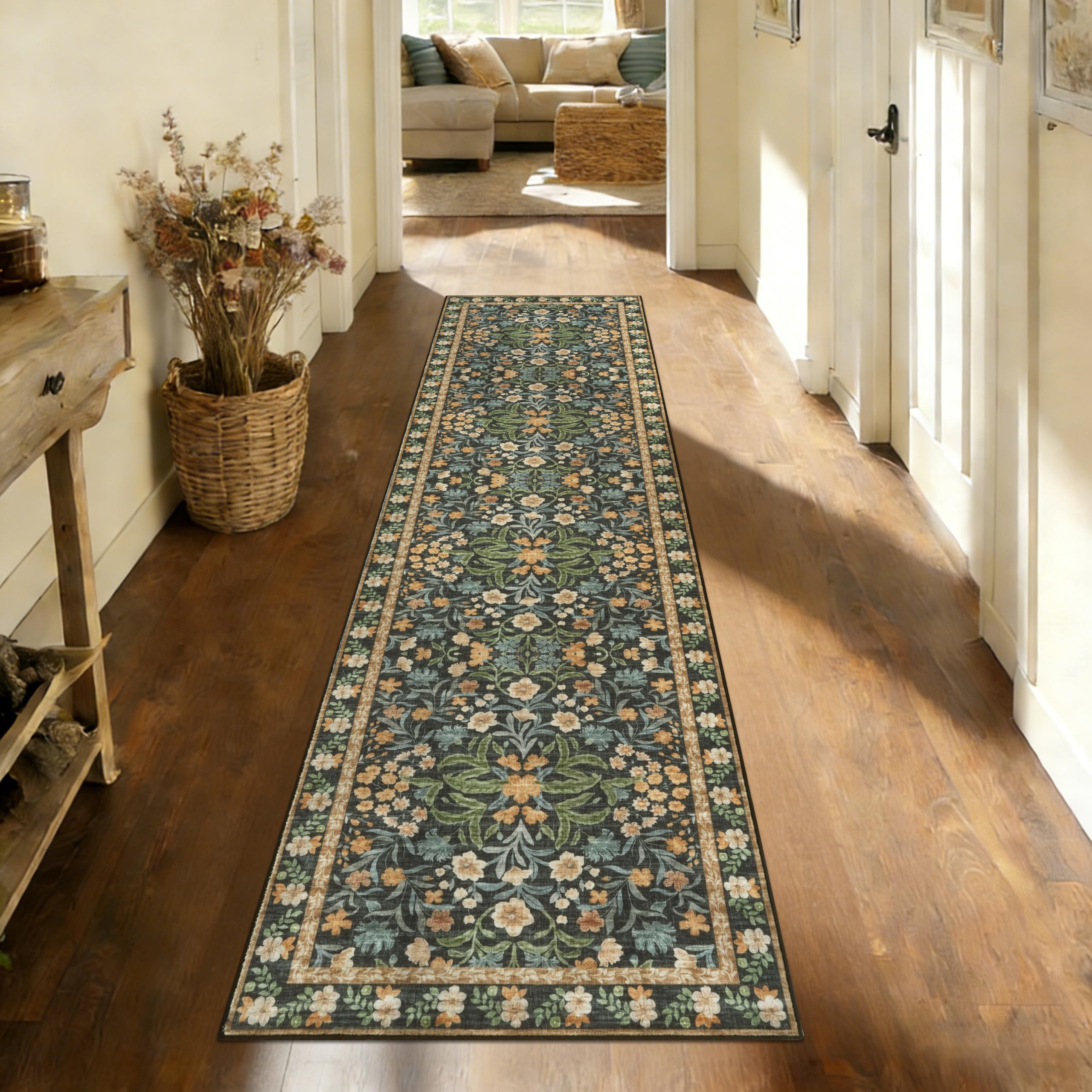 Edlbaegy Carpet Runners for Hallways Washable Floral Hallway Runner Rug Dark Brown 65x240cm Boho Non-slip Kitchen Runner Floor Mat Low Pile Floor Carpet for Entrance Laundry Bedroom — image 1