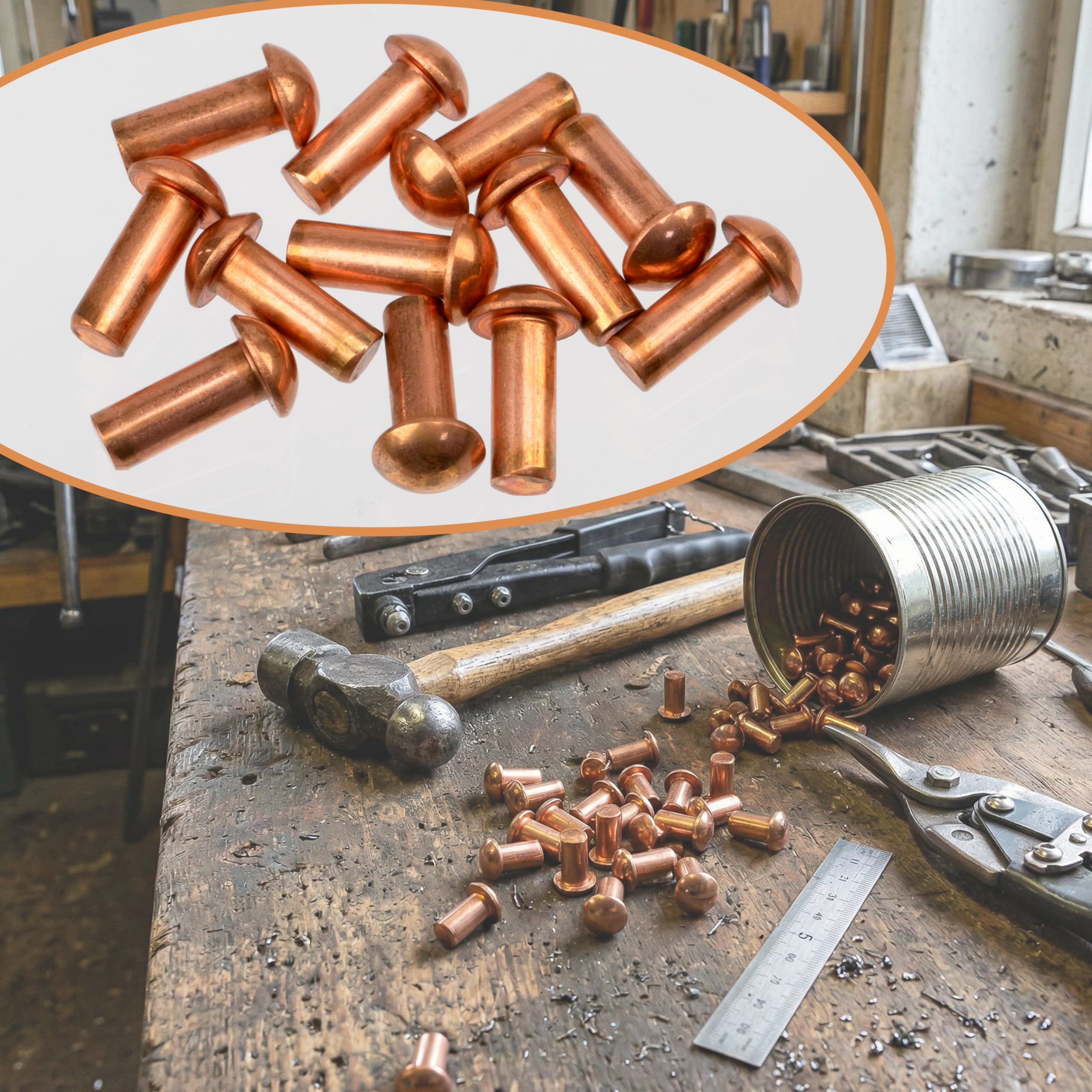 AERZETIX Set di 12 rivetti pieni in rame Ø4x10 mm/testa semitonda