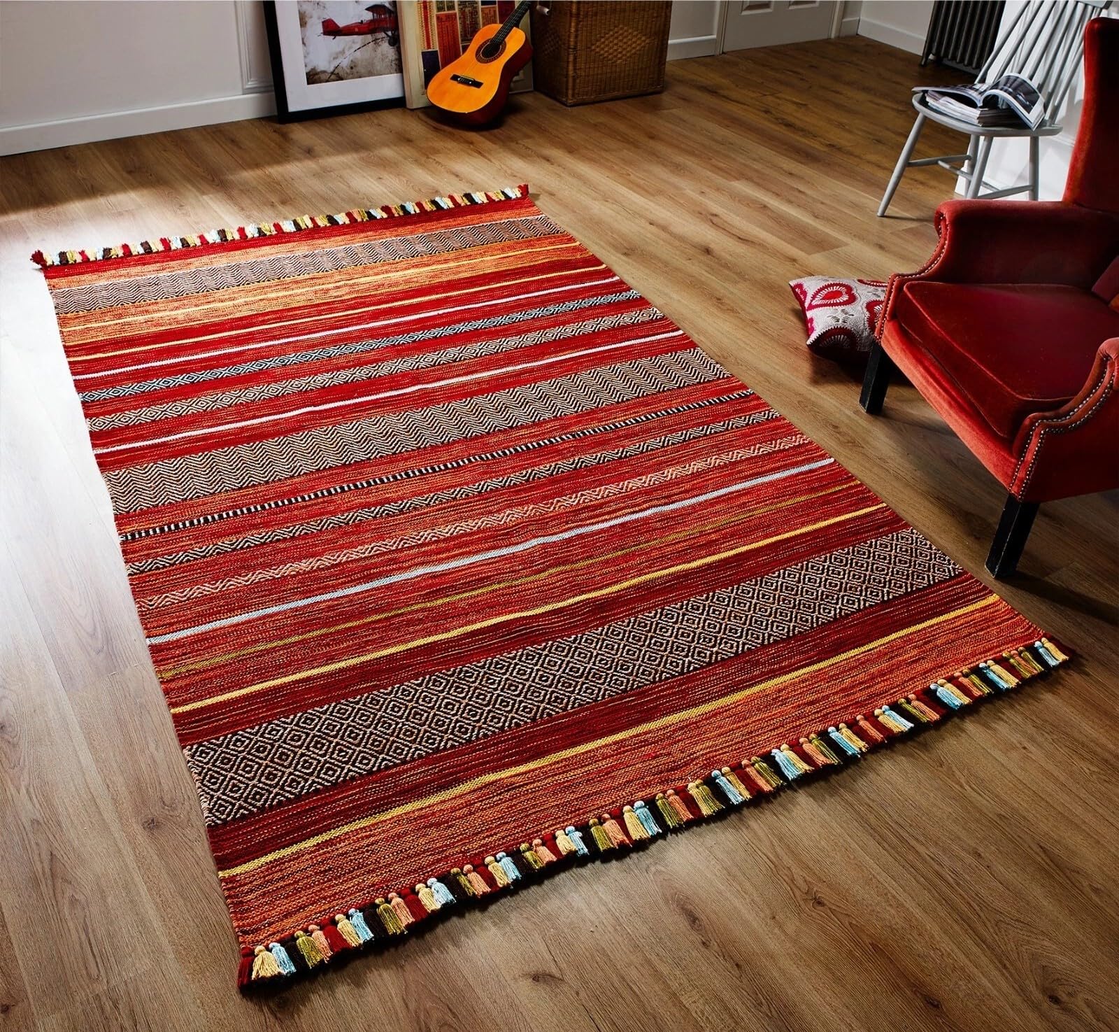 Indian Artistic Handmade Moroccan inspired Ethnic Living Room Kilim carpet, Bohemian decor Stripe Red Kilim Rug (160 X 230 CM)