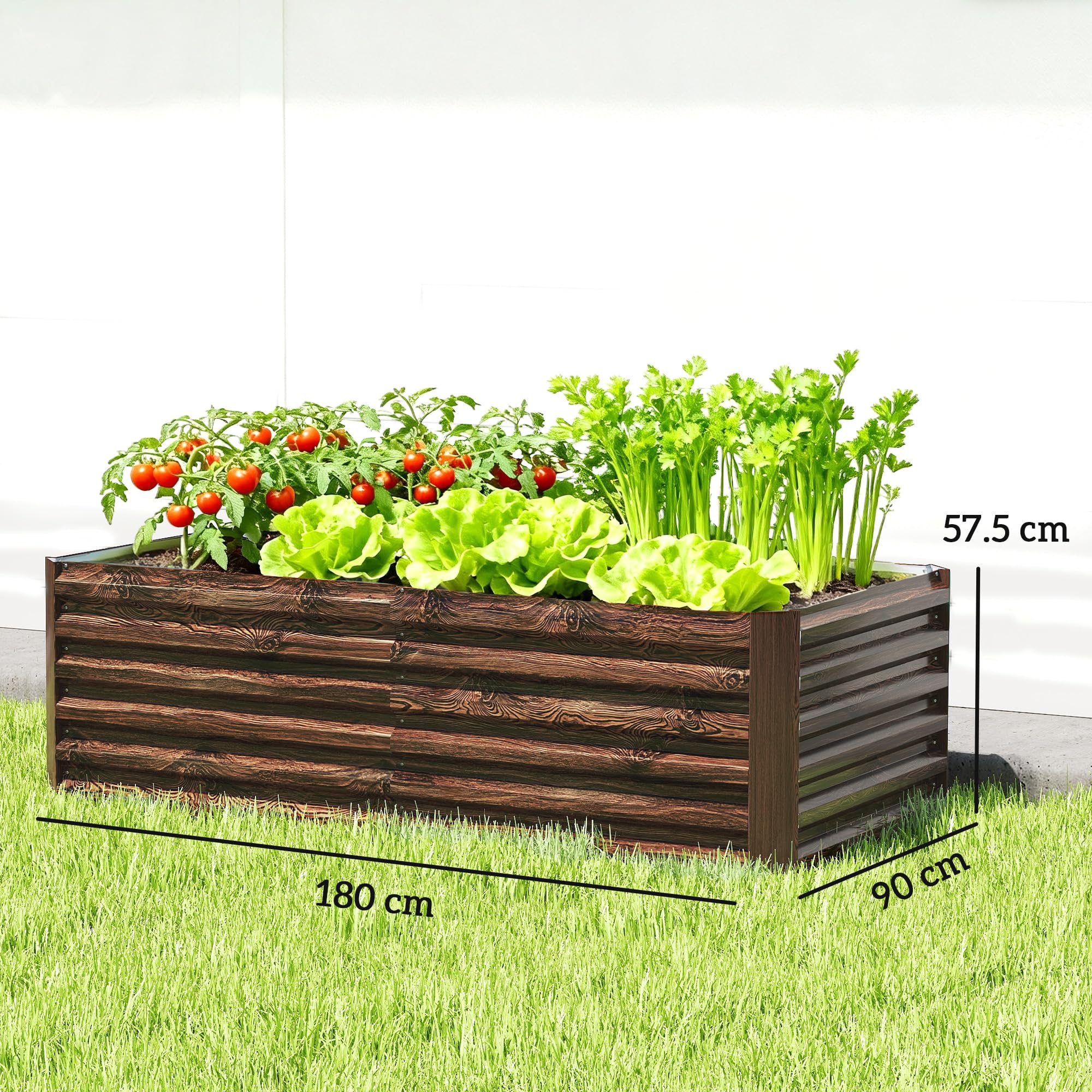 Outsunny Letto per Orto Rialzato da Esterno 180x90x57.5 cm Marrone Scuro | Fondo Aperto, Barre di Supporto, Fioriera da Esterno in Acciaio Zincato, per Fiori Verdure, Balcone Giardino