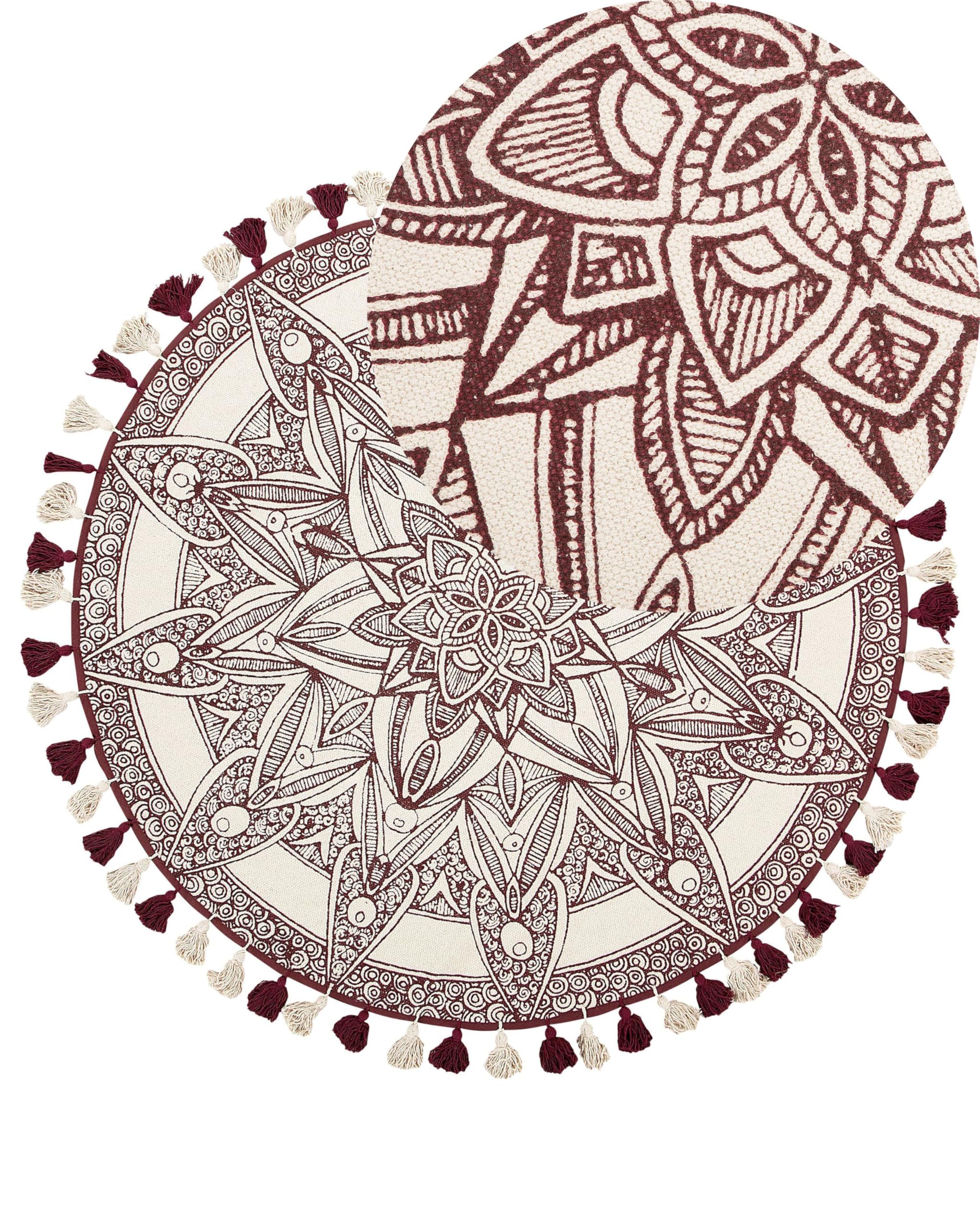 Tapis Boho Rond en Coton ø 120 cm avec Motif et Pompons Rouge et Blanc Oltu