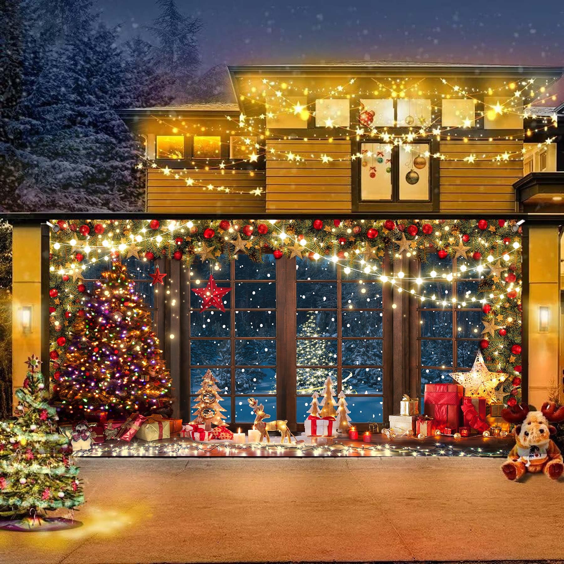 DZLGC Merry Christmas Garage Door Cover Decorations, Winter Xmas Rustic Wooden Window Tree Garage Door Banner, Happy New Year Kids Family Holiday