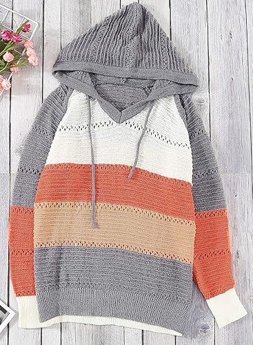 Miniatura 5 de FEKOAFE Sudaderas con capucha de bloque de color a rayas de otoño 2025 para mujer, suéter de punto con cuello en V