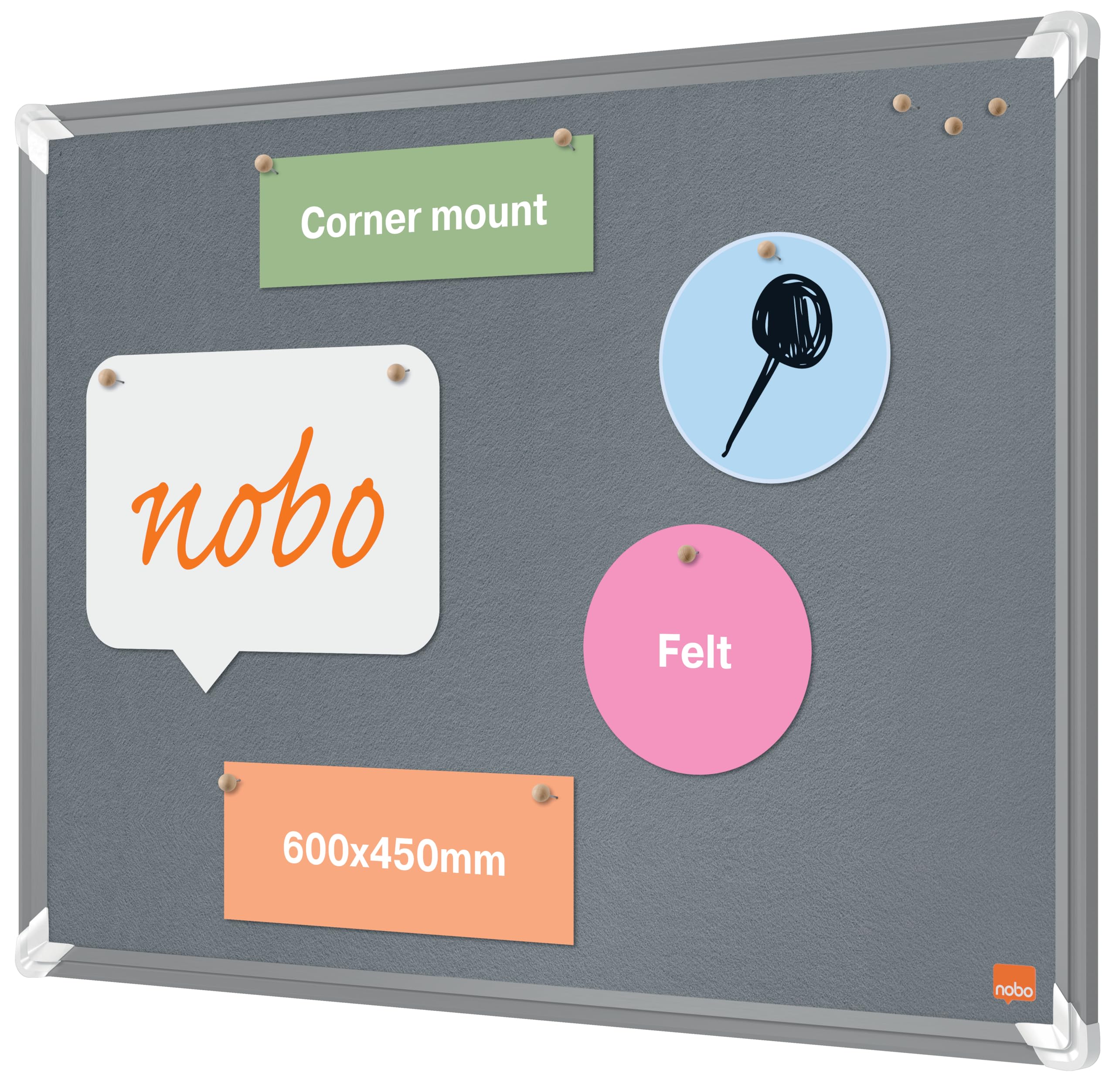 Nobo Filz-Notiztafel, 45 x 60 cm, Aluminiumrahmen, Traditionelle Eckmontage, Premium Plus, Grau, 1915194