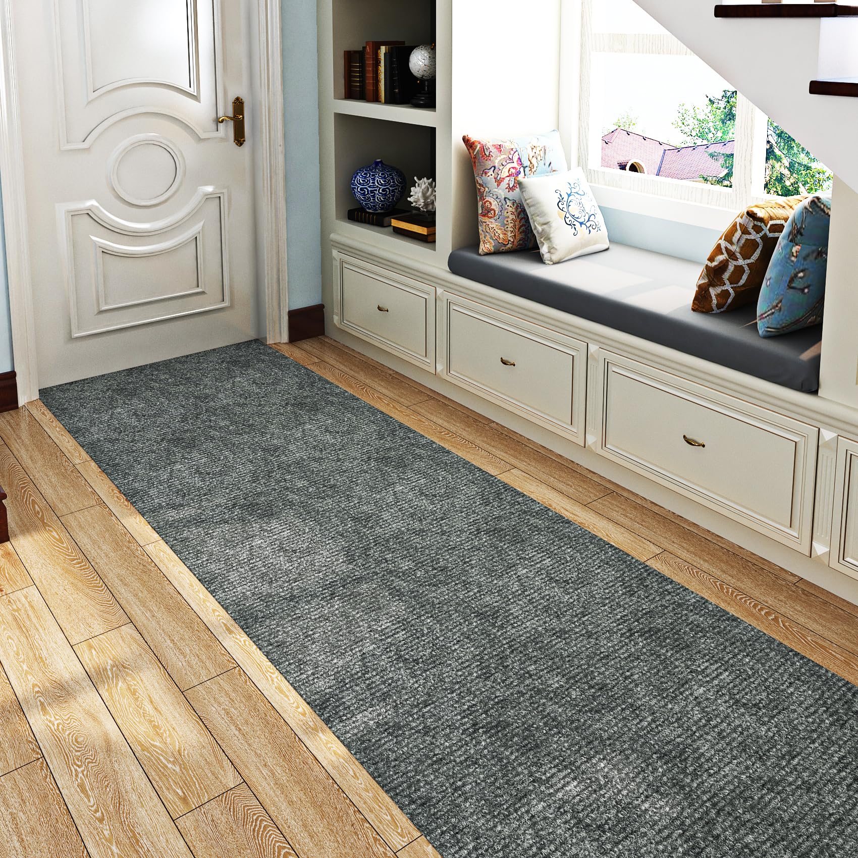 Livelynine Carreaux de moquette antidérapants gris et blancs, 24 x 157 po