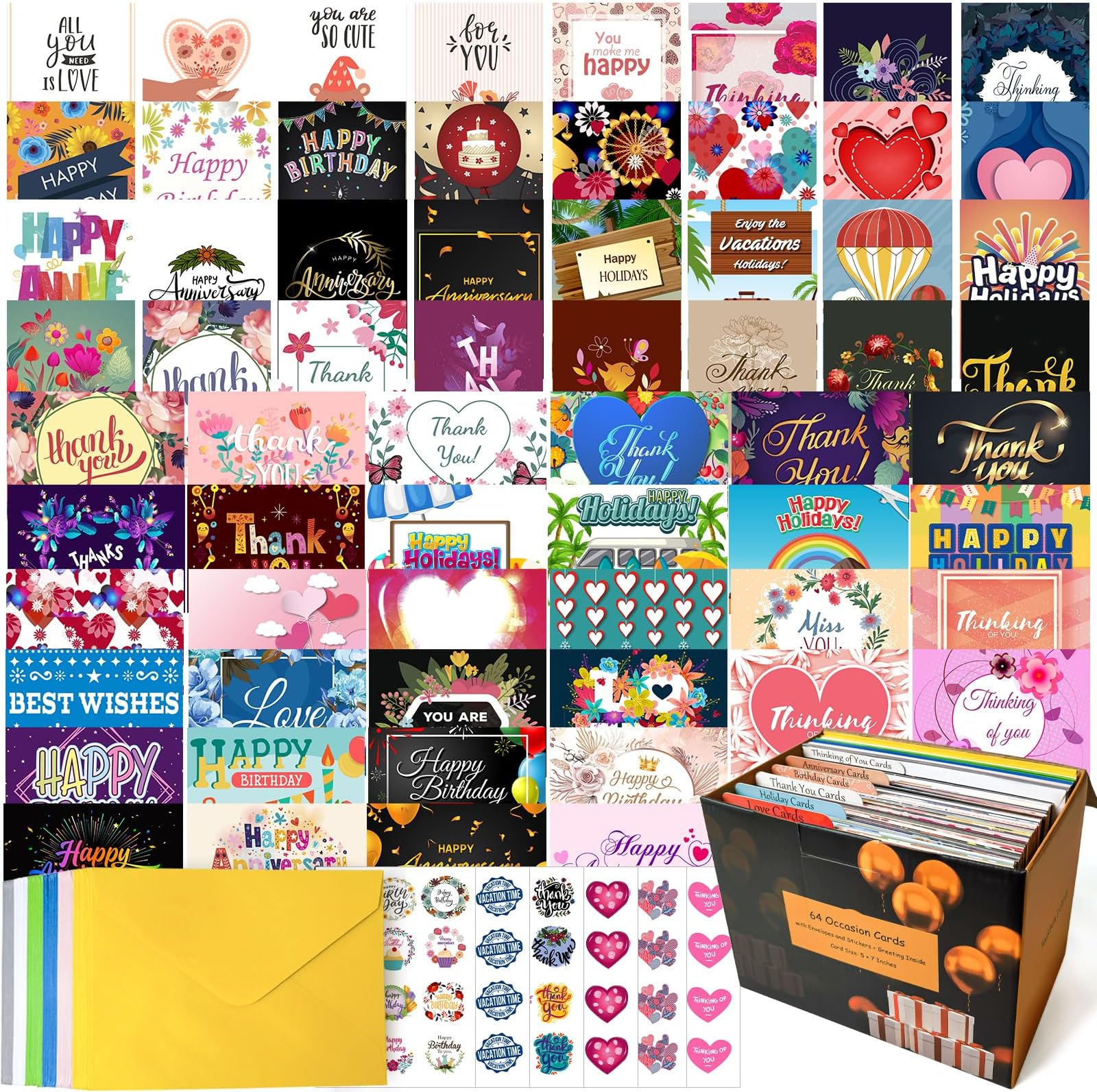 64 Pack All Occasion Cards Assortment Box with Envelopes & Stickers, 4×6 Inch Assorted Blank Greeting Cards for Birthday, Holiday, Love, Anniversary, Thinking of You, Thank You Cards