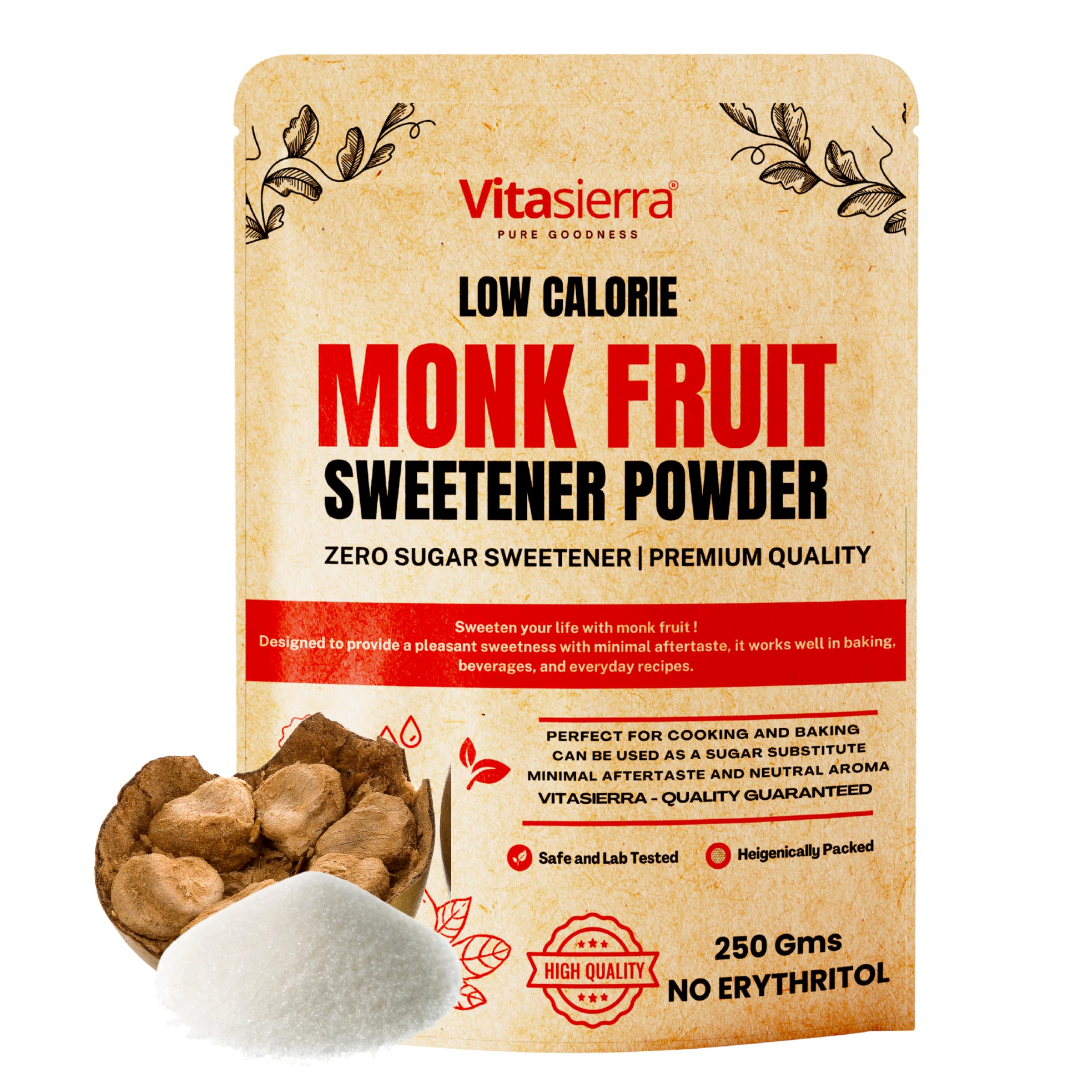 Vitasierra Monk Fruit Sweetner Organic Without Erythritol (250 Gm) - 1:1 Sugar Substitute - Low Glyemic Index Gentle & Safe Sweetner - Diabetic Friendly