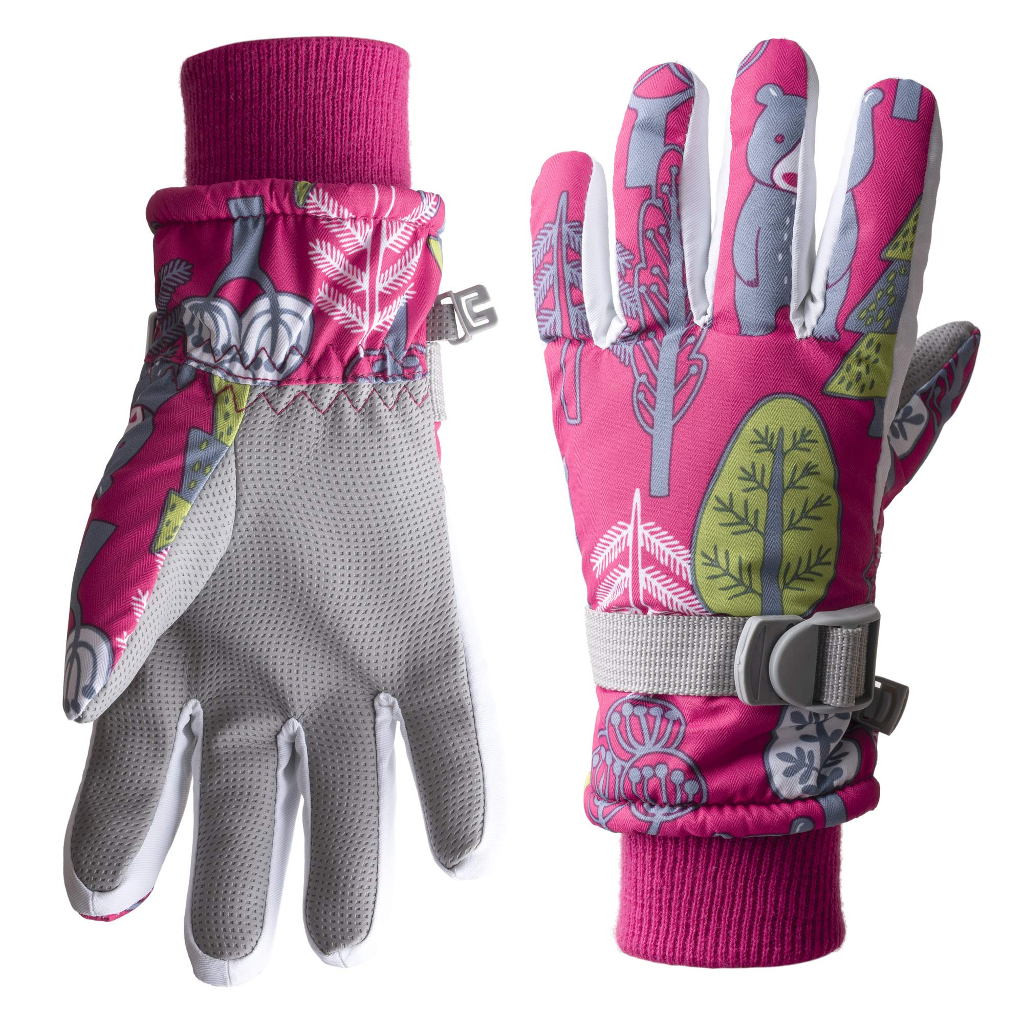 Tofern Kids Winter Gloves Windproof Insulation Warm Cute Snow Mittens Water Repellent Ski Skateboard for Boys and Girls, Rose Forest L