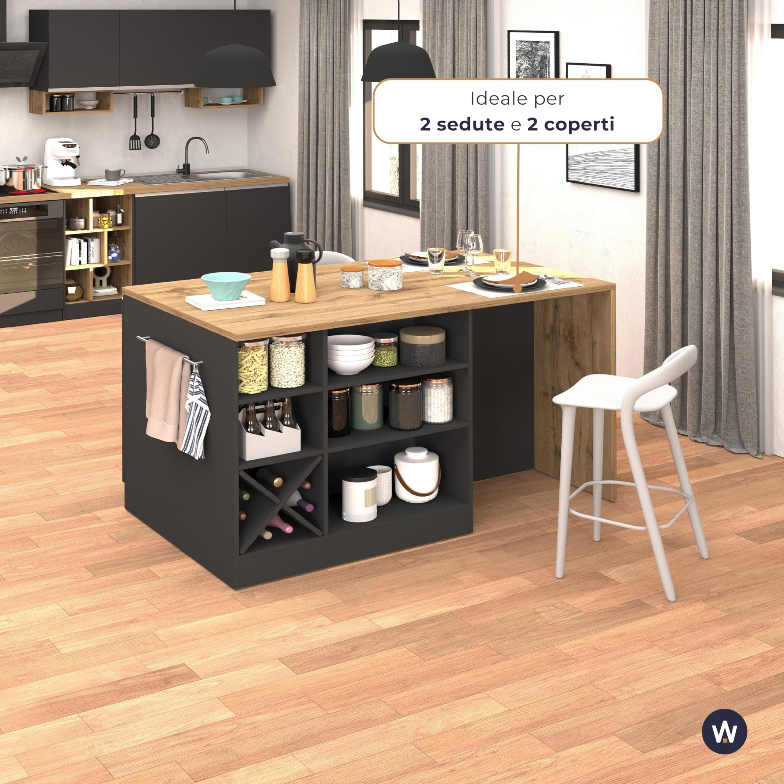 WHOUS Isola Cucina SOLE con 1 Anta, 2 Cassetti e 6 Vani, Tavolo da Pranzo e Piano di Lavoro, Ideale per Open Space e Spazi Ridotti, 152,5x90x90,60 cm, Antracite Opaco e Rovere