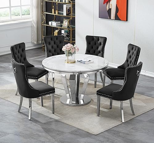 Miniatura 26 de Juego de 4 mesas de comedor redondas de mármol para 4, mesa de cocina redonda moderna y sillas de terciopelo beige, mesa de comedor de mármol blanco