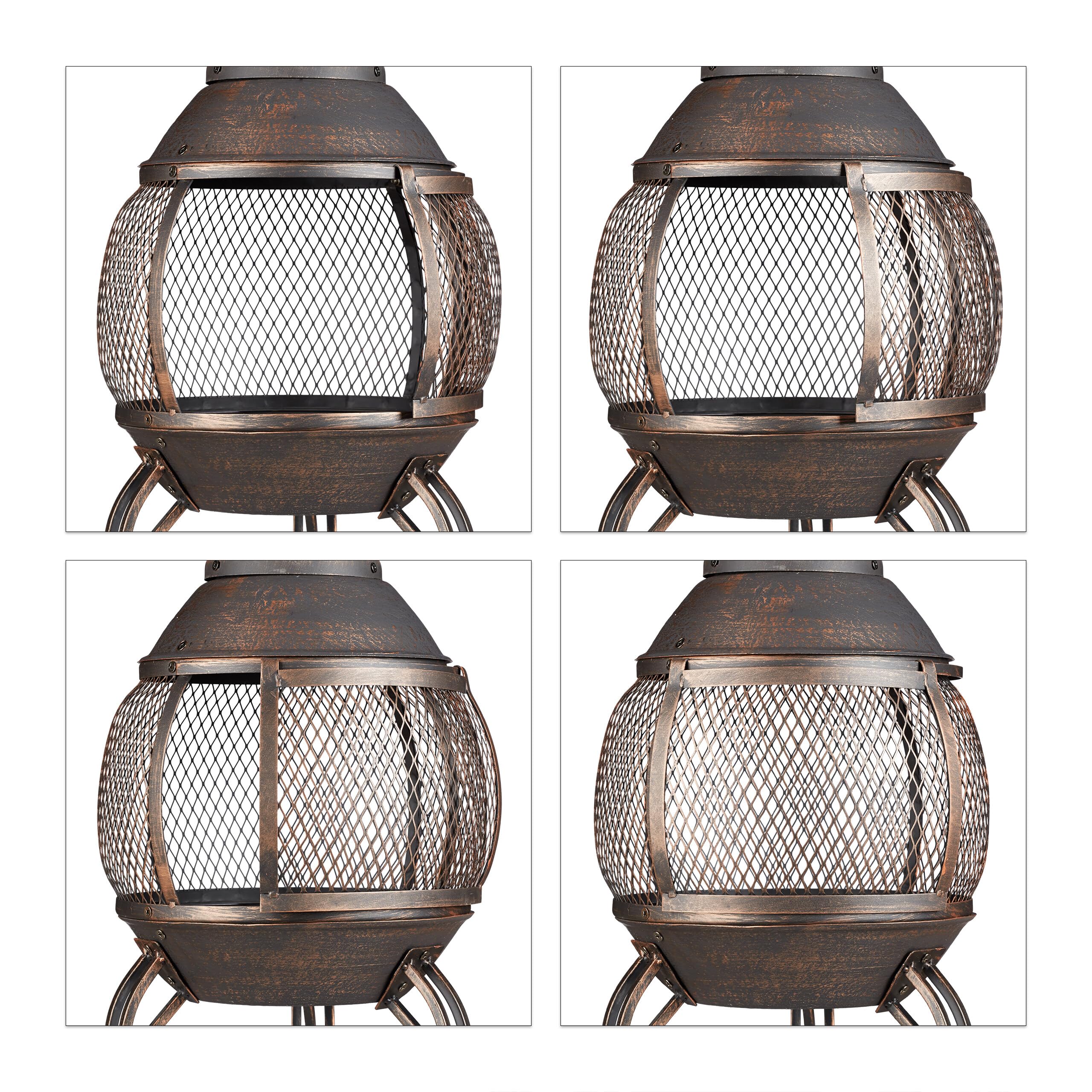 Relaxdays Brasero de Jardín, Atizador, Rejilla, Protección Antichispas, Parrilla, Horno Exterior, Altura 89 cm, Bronce