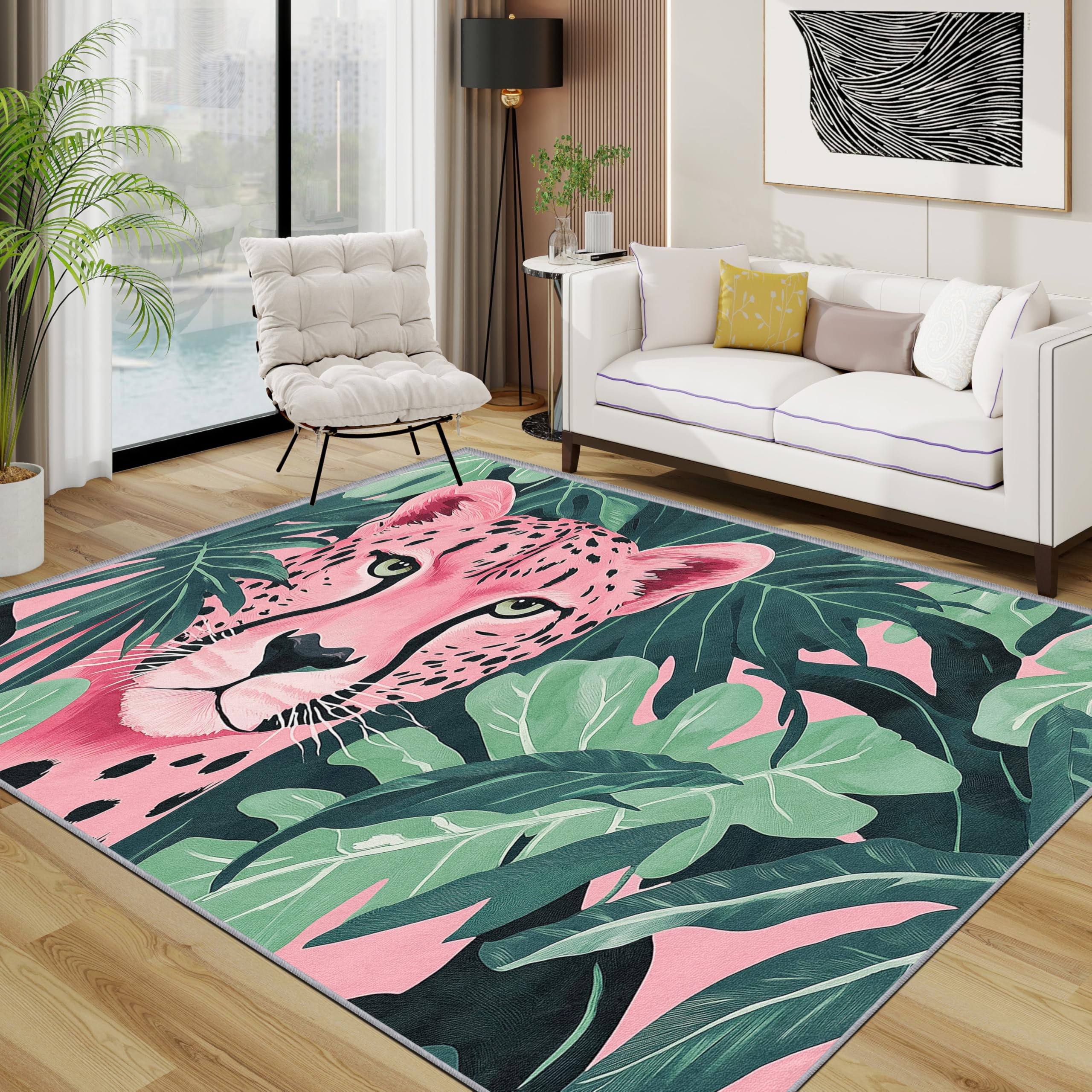 TerroVee Leopard Rug - Pink Wild Animal Jungle Small Rugs for Bedroom 60x90, Tropical Leaf Plant Floor Mat Soft Washable Non Slip Indoor Mats, Leopard Room Decor