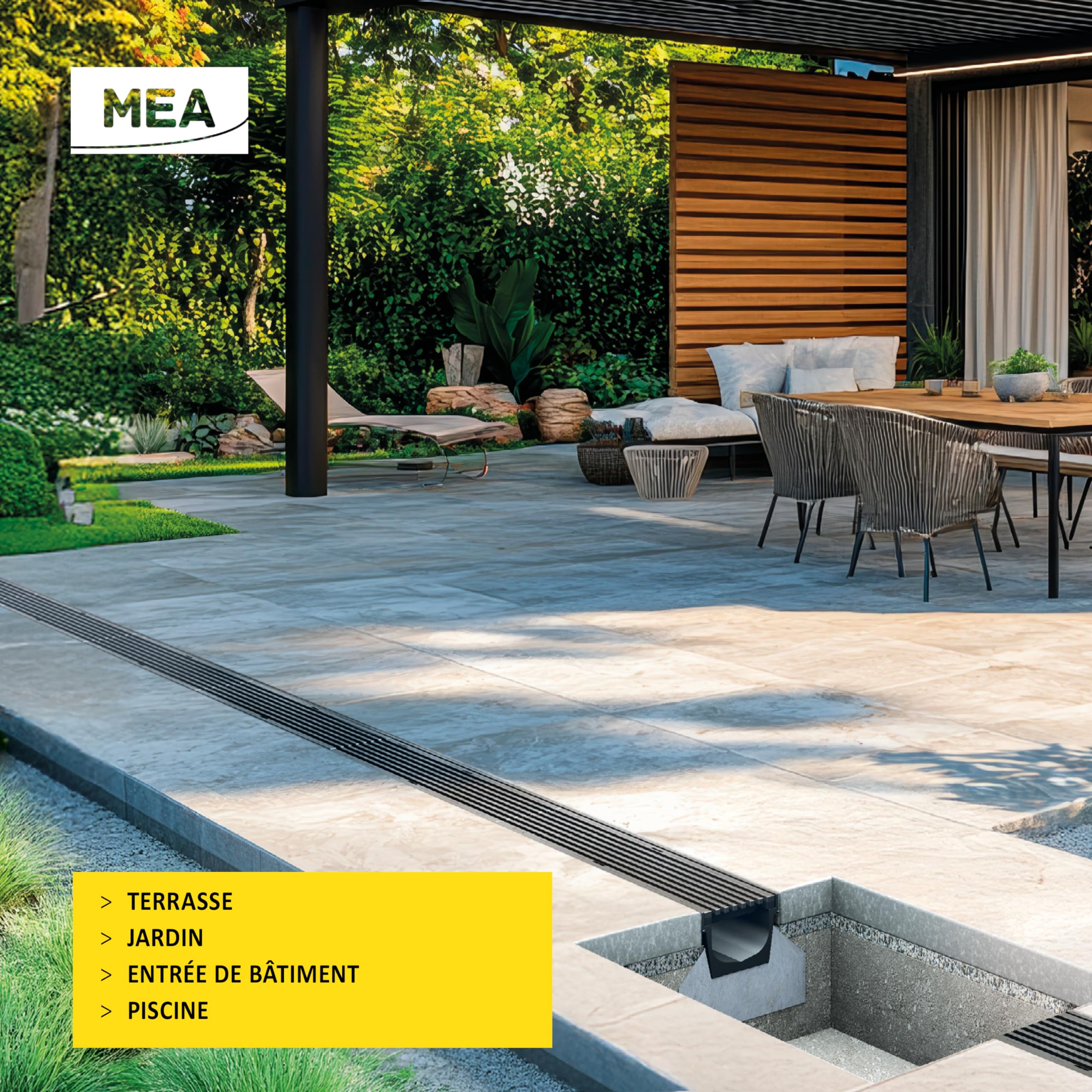 MEA Pack de 3 Caniveaux Extérieurs MEAPARK – Grille Plastique Recyclé Noir – Drainage Terrasse – Classe A15 Piéton – Largeur 10 cm