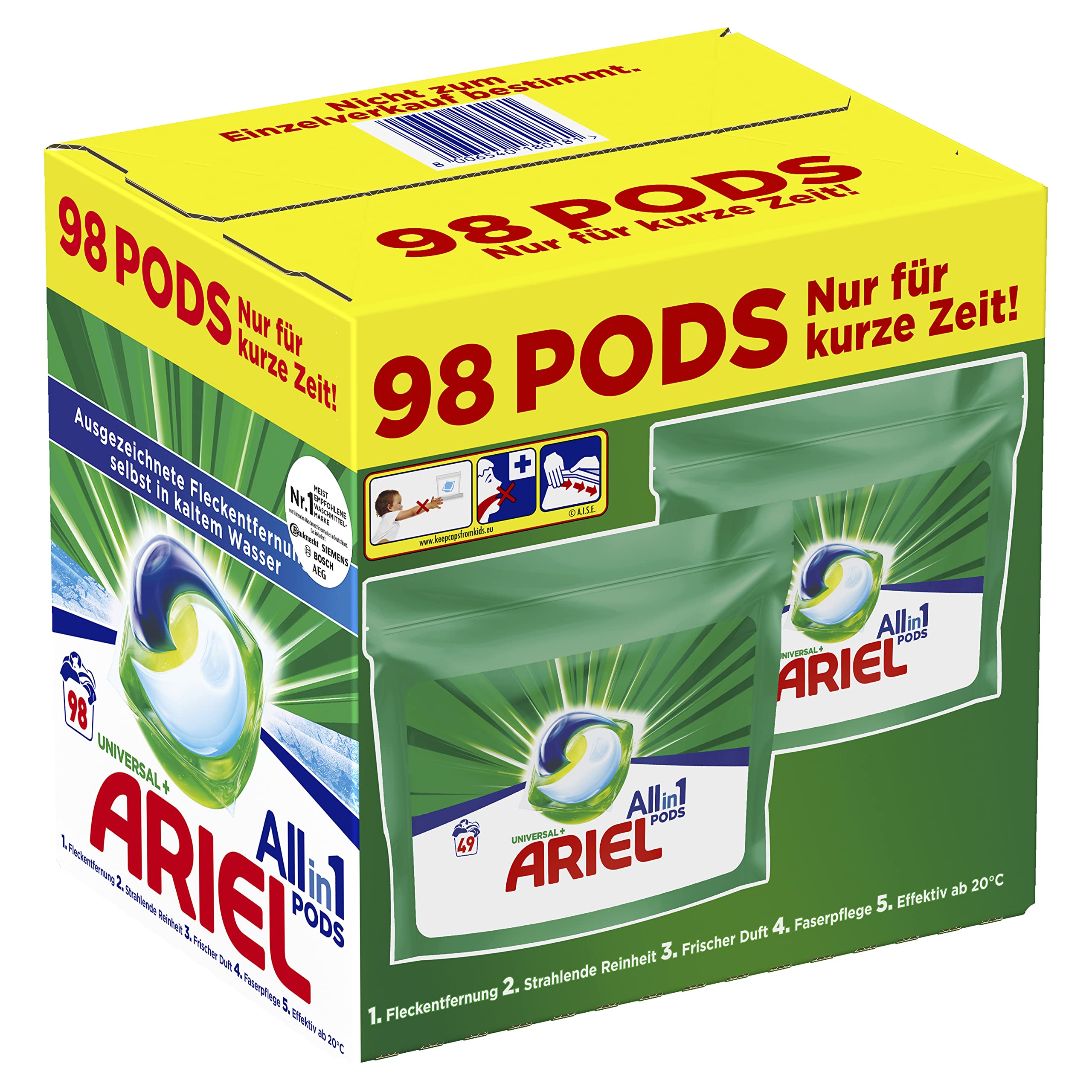 Ariel Waschmittel Pods All-in-1, 98 Waschladungen (2 x 49) Universal Frischer Wäscheduft und strahlende Reinheit
