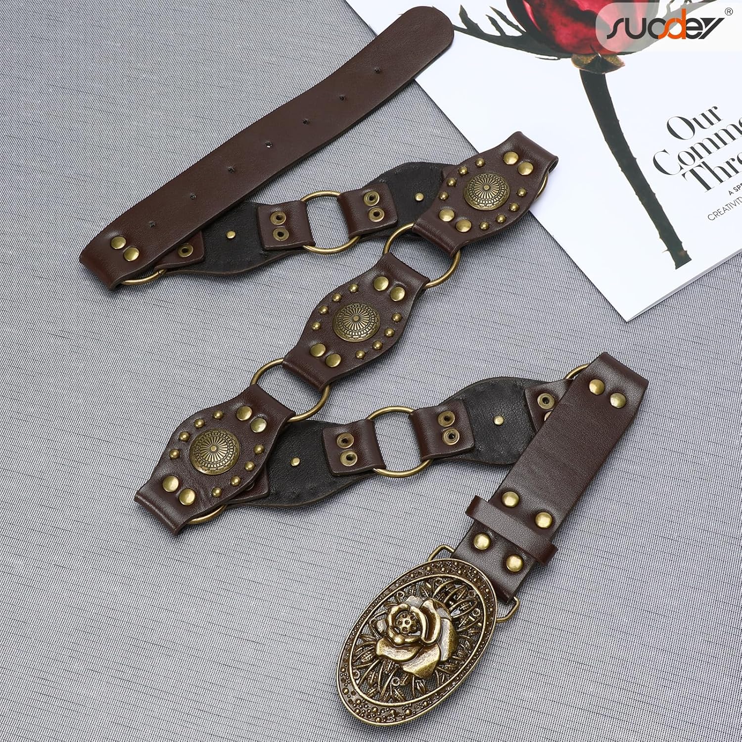 SUOSDEY Western Leather Belts for Women Vintage Cowgirl Rivets Belt for Jeans Dress - Image 6