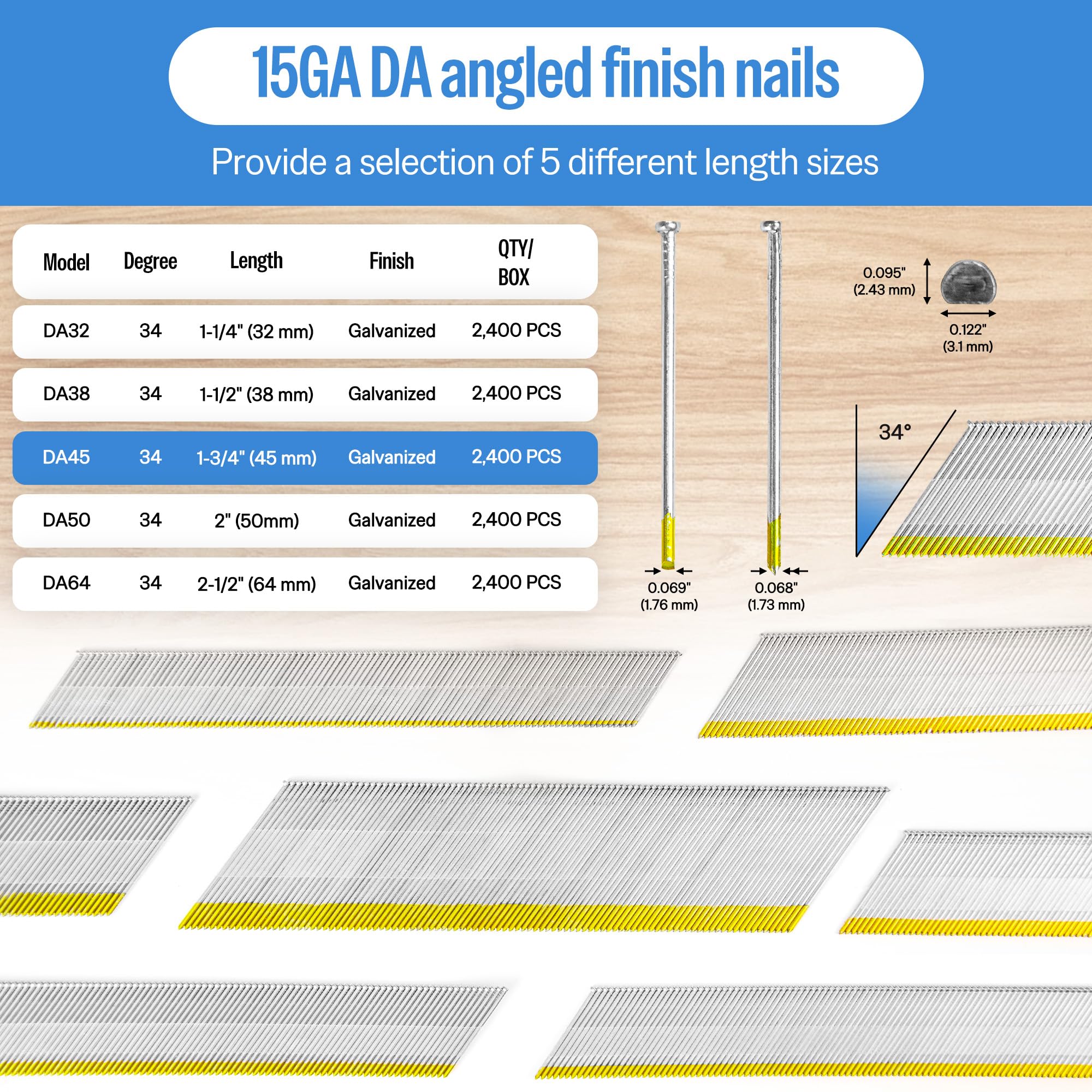 meite Type 15G / 45 mm Angled Finish Nails, 15 Gauge 34 Degree Galvanised D Head Angled Finishing Nails for Nail Guns - Image 2