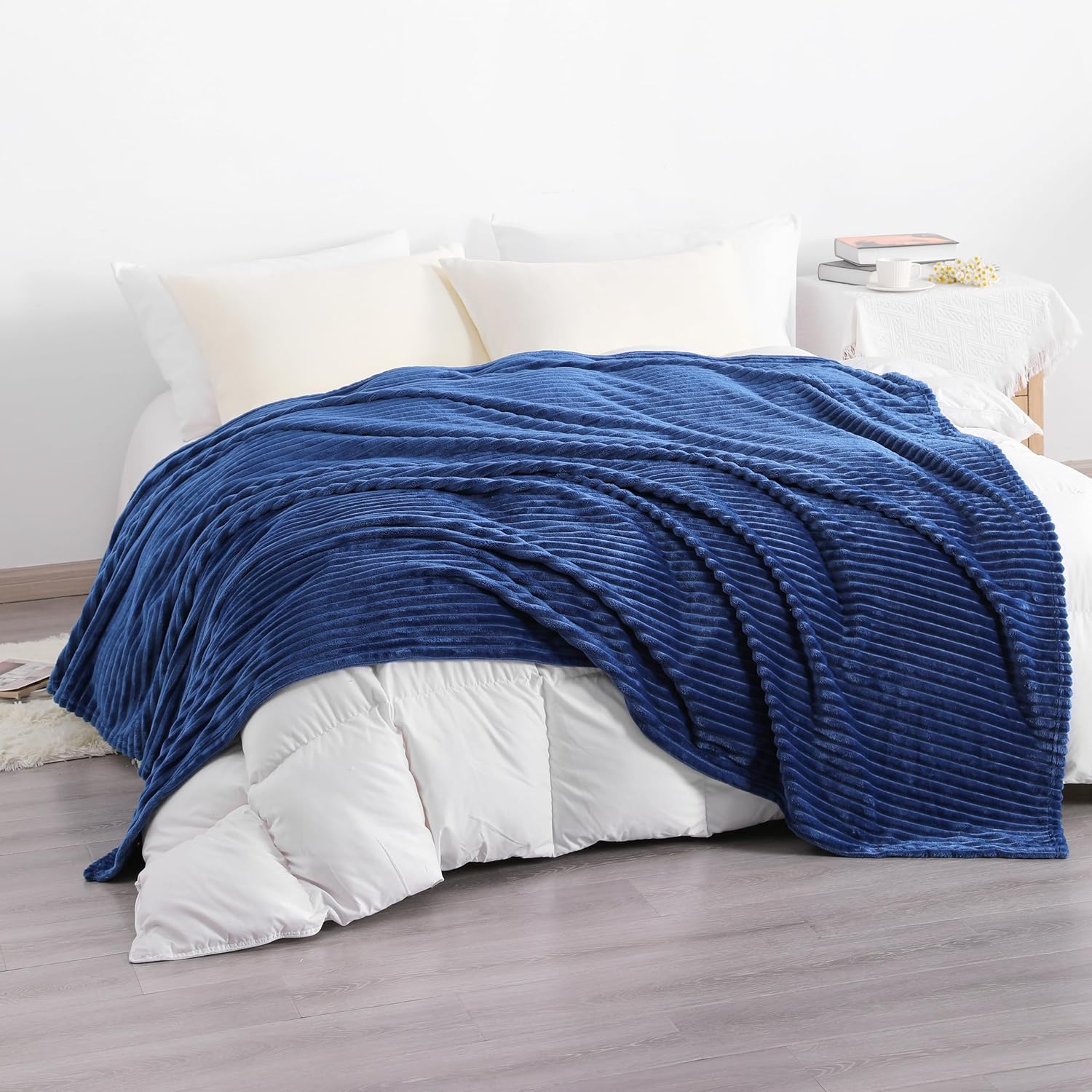 NTBAY Plush Flannel Twin Bed Blanket, 60X80 Inches Soft and Warm Lightweight Blanket with Striped Texture Bed Blanket for Couch Sofa Bed All Seasons, 60"x80", Navy Blue - Image 2