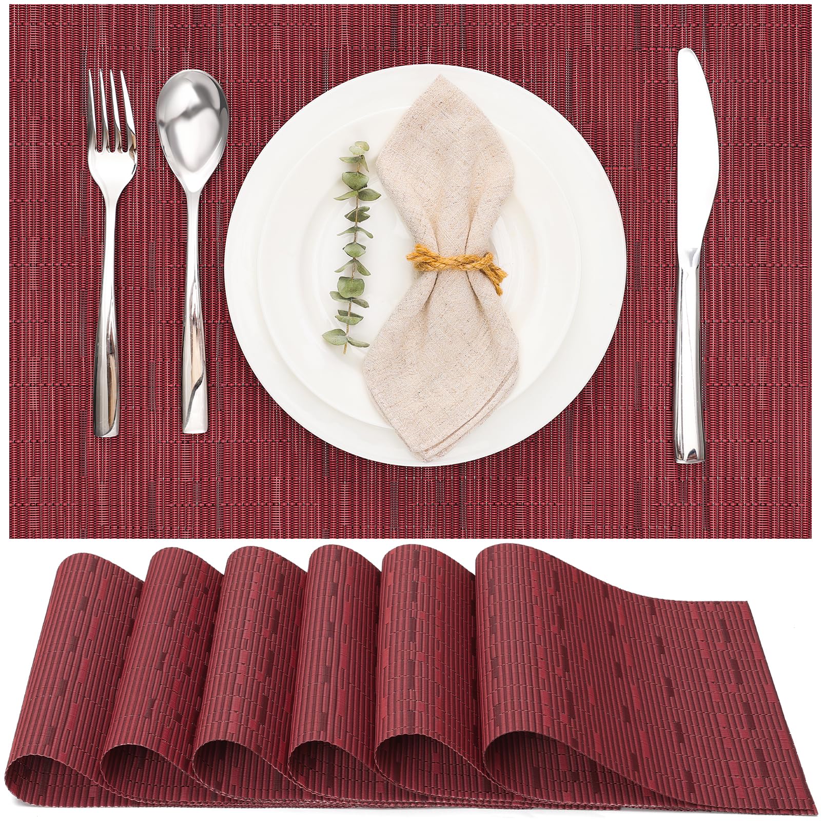 Myir Jun Red Table Mats Set Of 6, Place Mats Table Placemats Washable Non-Slip Heat Insulation Woven Vinyl For Kitchen Dinning Restaurant 17"X12" (Red)