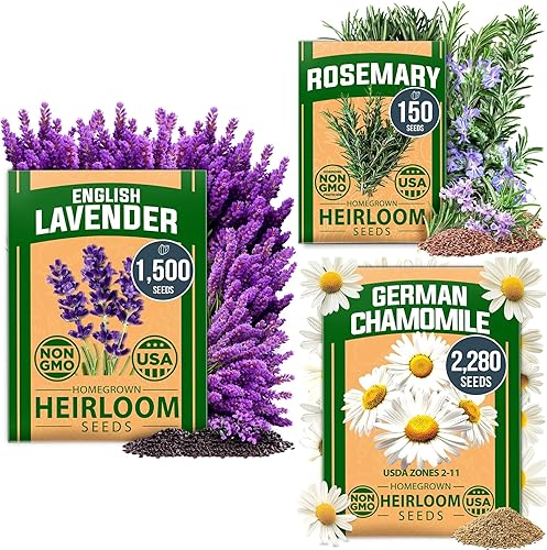 HOME GROWN Semillas prémium de lavanda inglesa, manzanilla alemana y romero