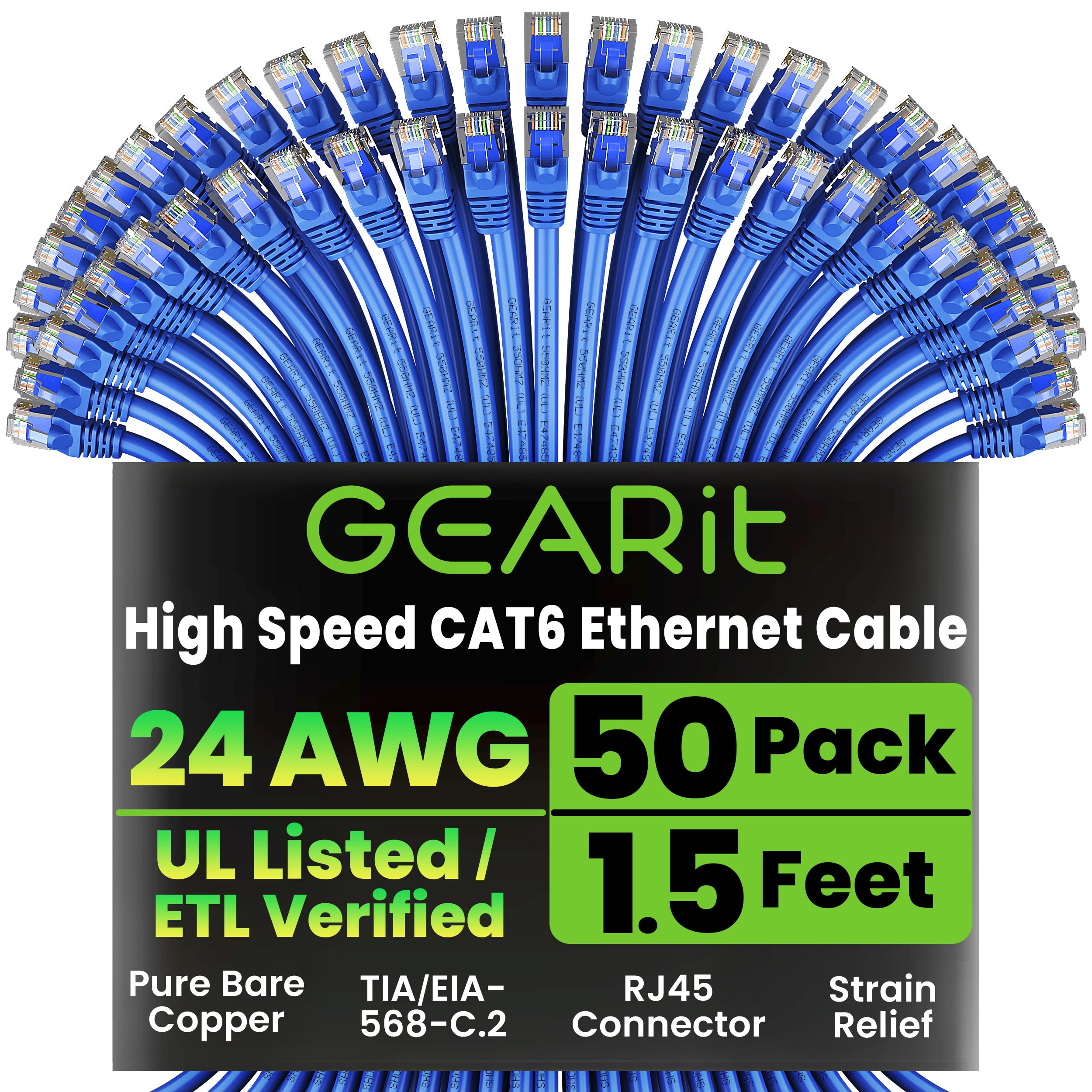 GEARit Cat 6 Ethernet Cable (10-Pack 3 Feet) Cat6 Network Patch, 10Gbps, RJ45, Snagless Cord, Gold-Plated Connectors, Internet for PC, TV, Tablet, Router, Printer, Servers, IT Data Center - Blue — view 33