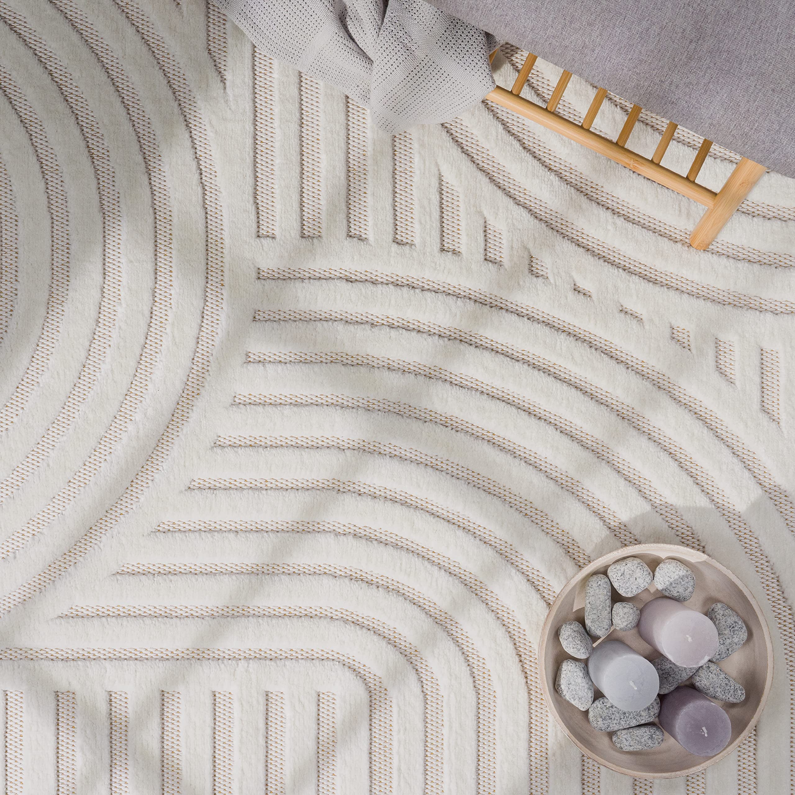 Paco Home Outdoor Teppich wetterfest & langlebig Moderne Boho-Designs mit 3D-Effekt Skandi-Look UV-beständig & robust für Balkon, Garten, Wohnzimmer & Küche, Grösse:200x280 cm, Farbe:Creme 4