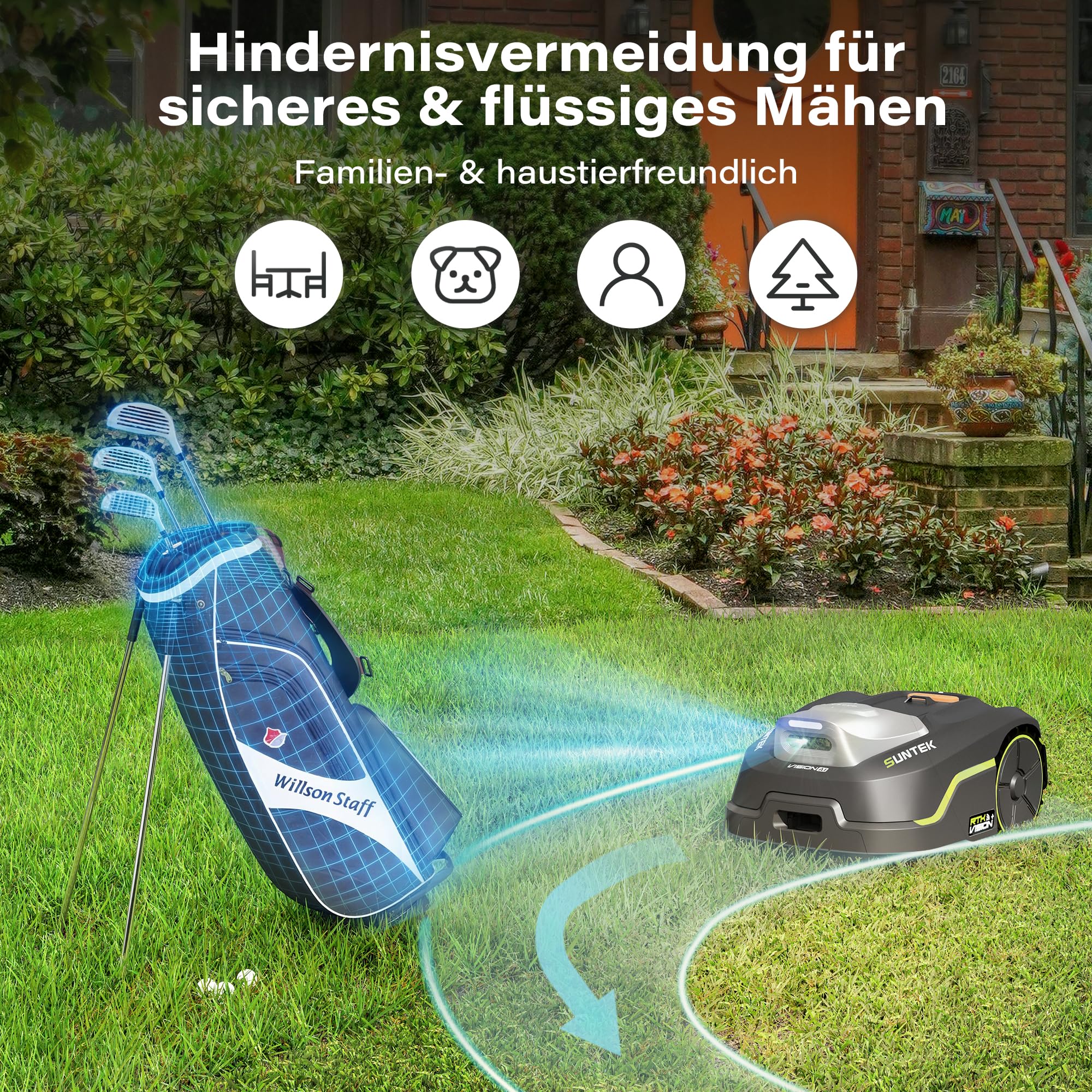 SUNTEK Mähroboter ohne Begrenzungskabel, RTK+Vision+TOF LiDAR Rasenmäher Roboter, KI Auto Kartierung 35% Steigung, Smarte Hindernisvermeidung, Multizonen-Management, App-Steuerung, für 500-750 m²
